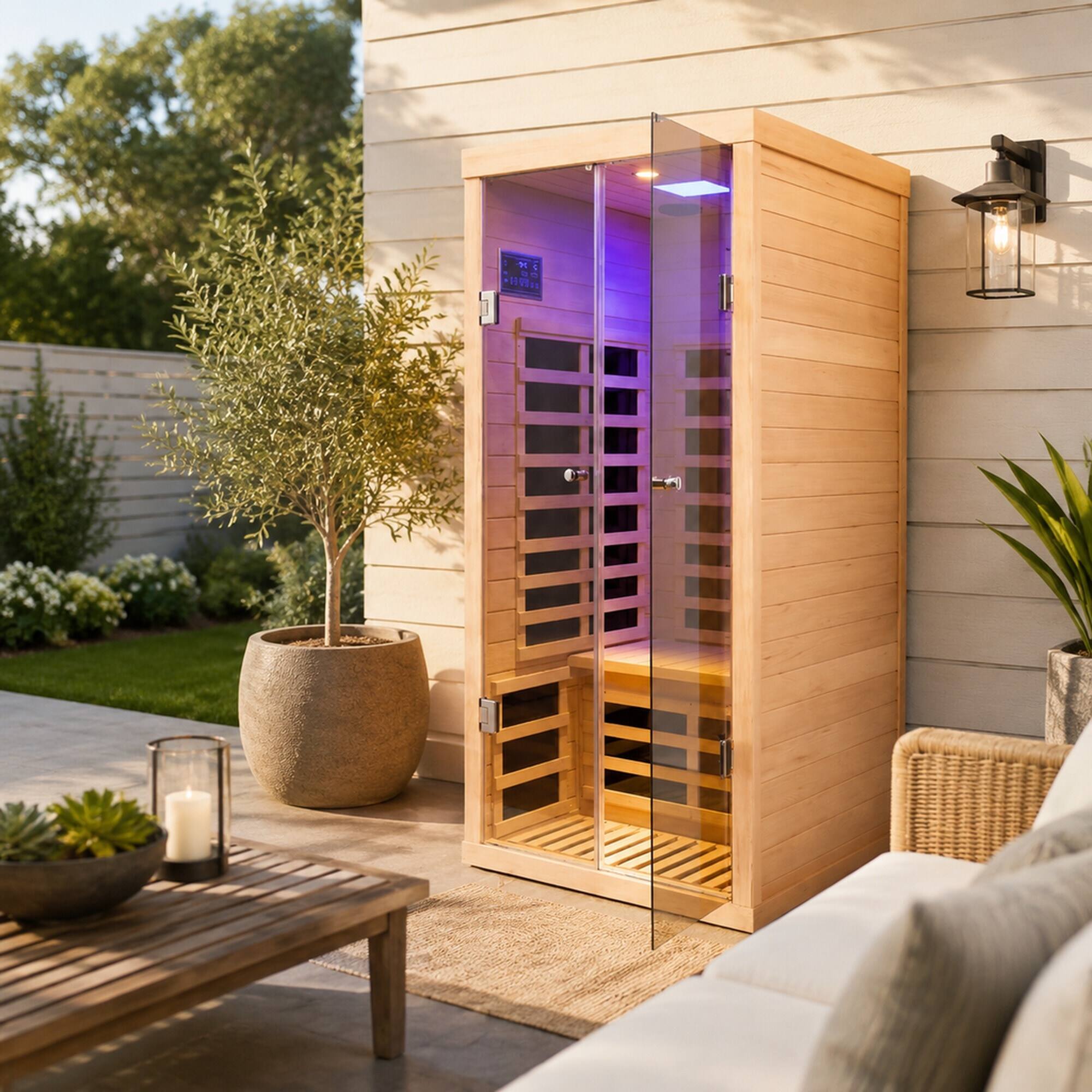 Left. RYHNUYNE - One Person Far-Infrared Sauna, Canadian Hemlock Wood, 1,760 W Carbon Crystal Heaters, Low EMF, Home Spa - Natural.