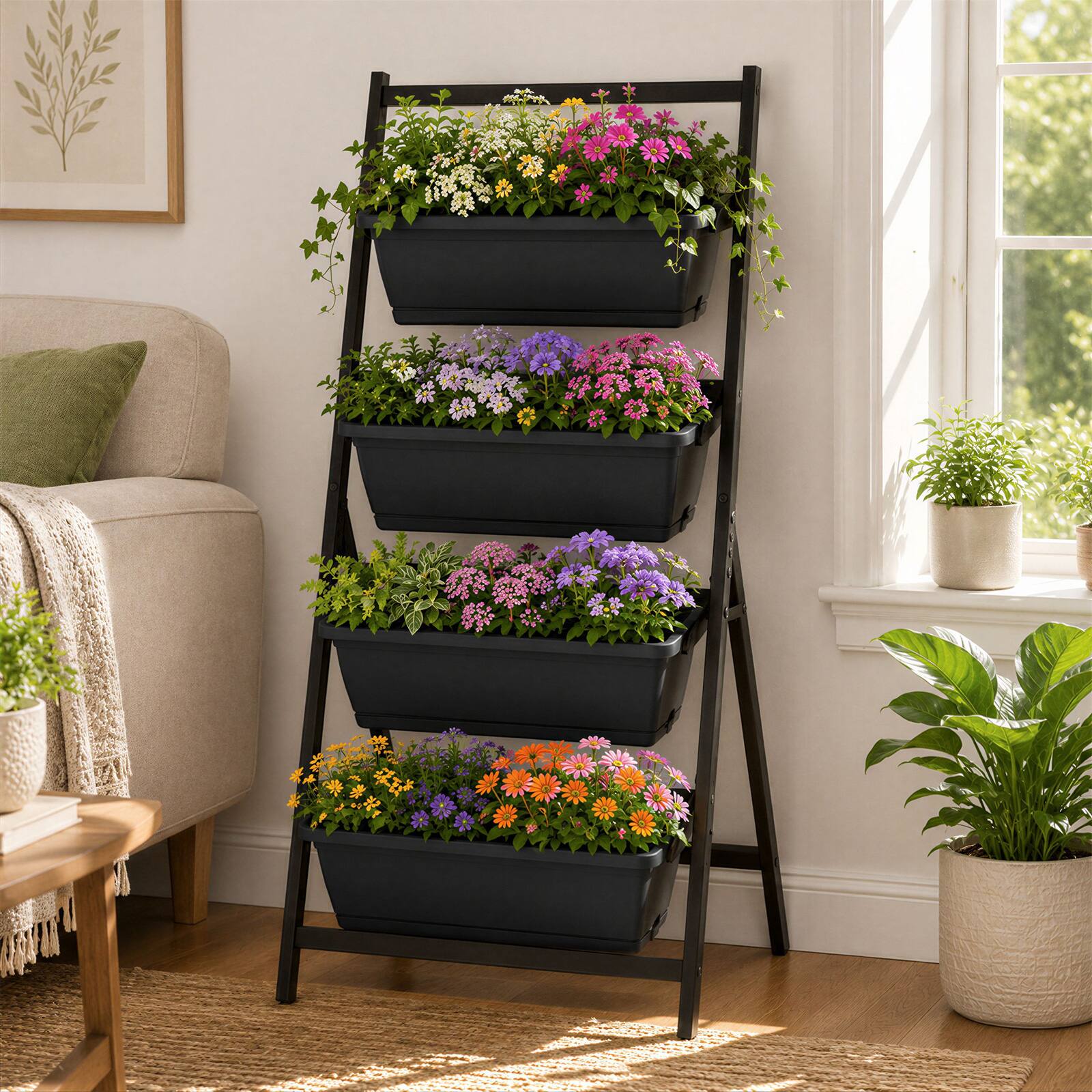 Alt View 2. Costway - 4 FT 4-Tier Vertical Raised Garden Bed Elevated Planter Box w/4 Container Boxes - Black + Brown.