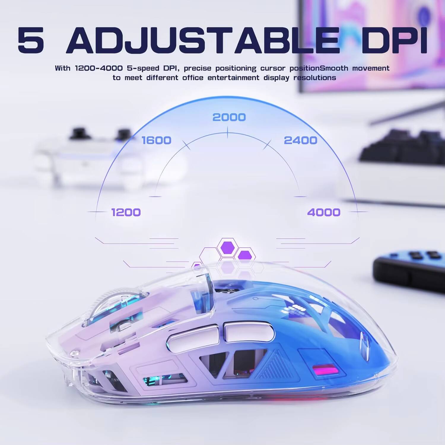 5 Adjustable DPI

With 1200-4000 5-speed DPI, precise positioning cursor position, smooth movement to meet different office entertainment display resolutions

2000 1600 2400 1200 4000