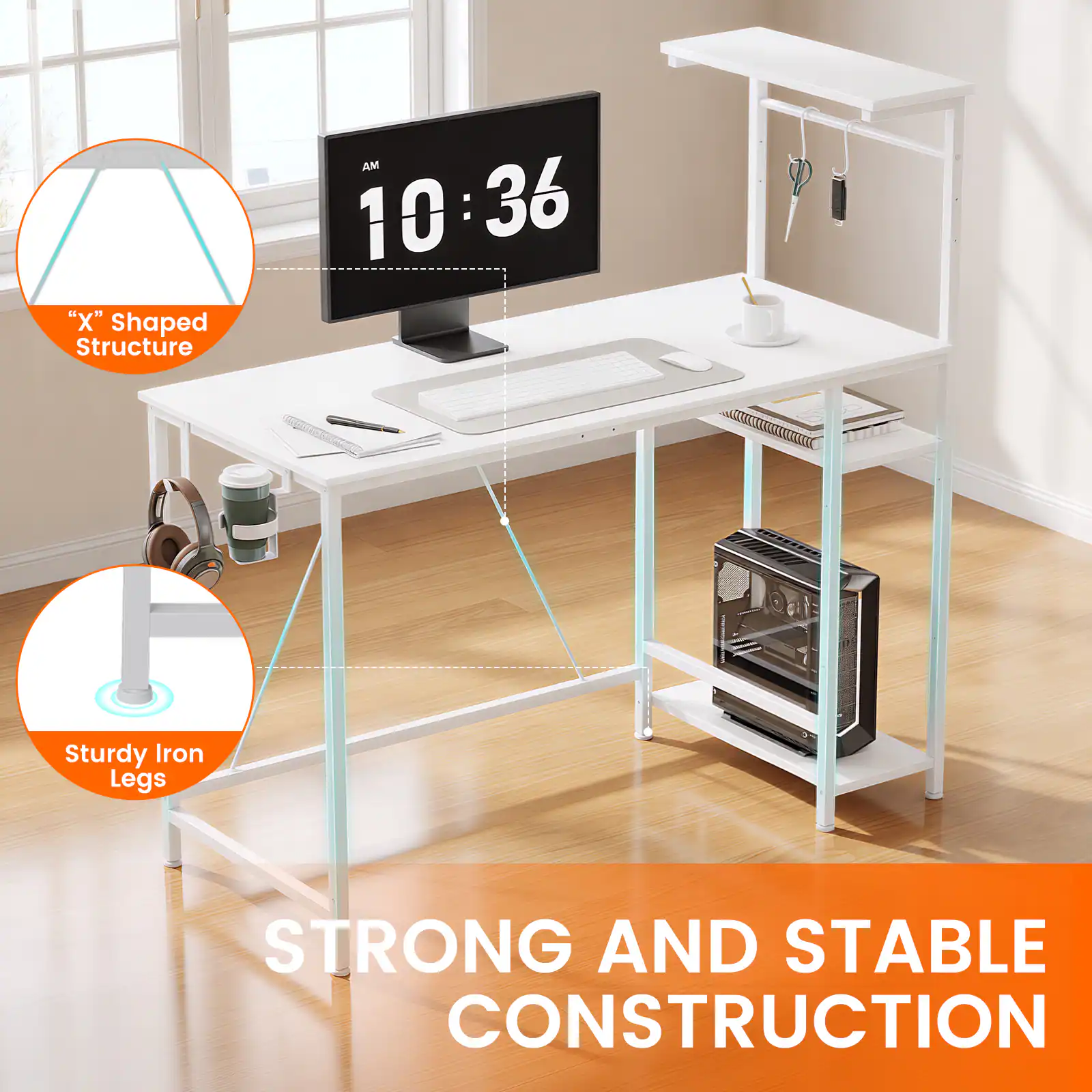 "X" Shaped Structure  
AM 10:36  
Sturdy Iron Legs  
STRONG AND STABLE CONSTRUCTION