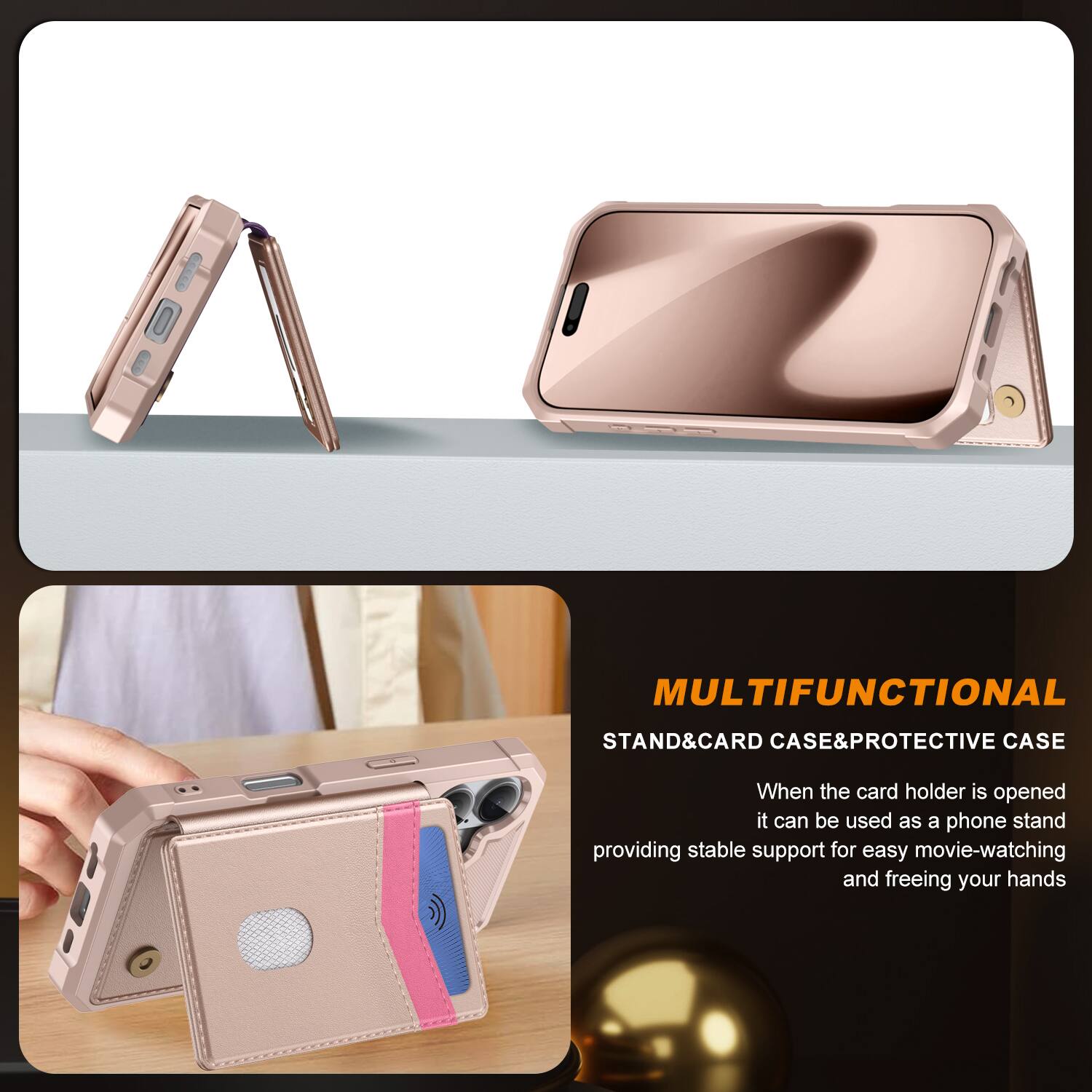 570 MULTIFUNCTIONAL STAND & CARD CASE & PROTECTIVE CASE

When the card holder is opened, it can be used as a phone stand, providing stable support for easy movie-watching and freeing your hands.