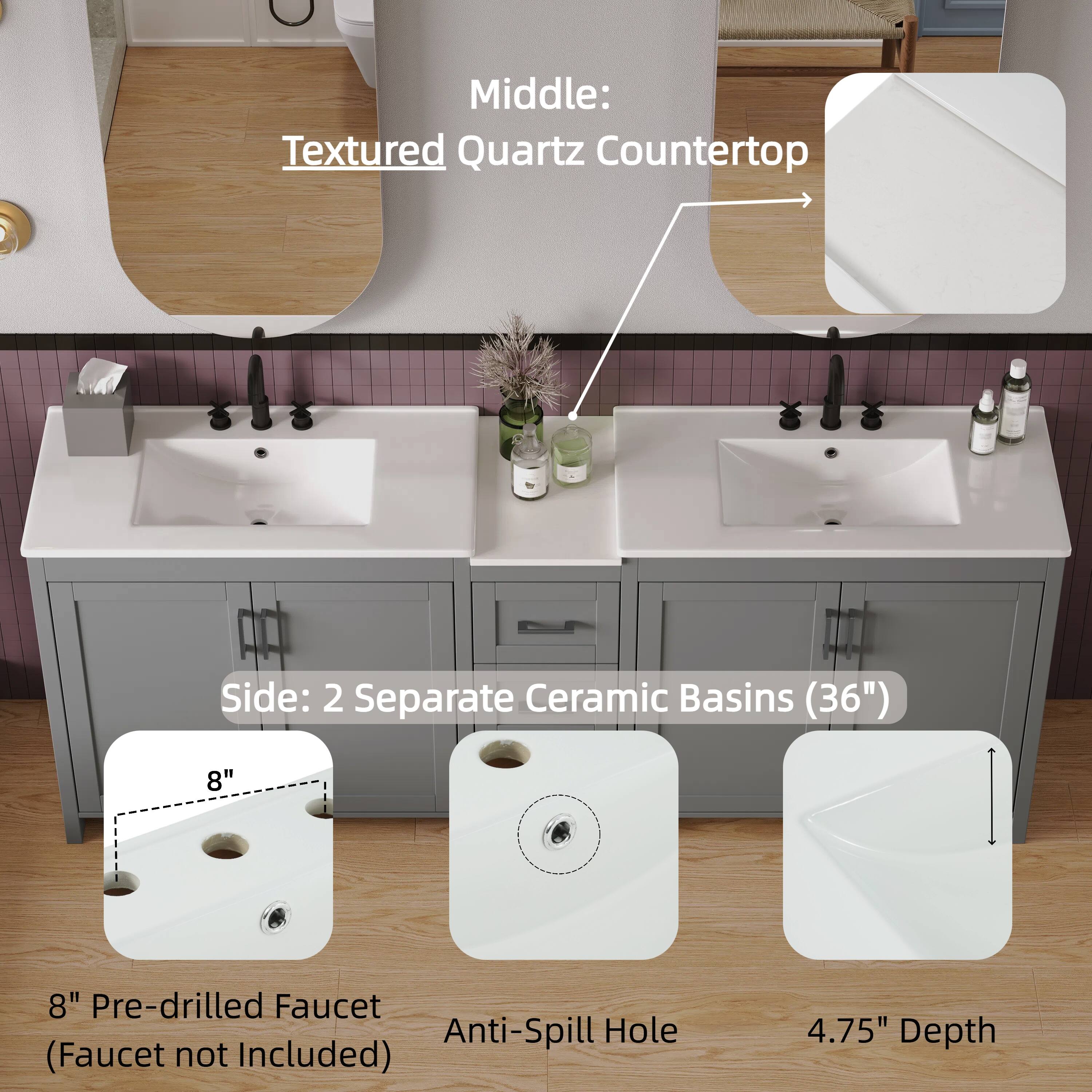 Middle:  
Textured Quartz Countertop  

Side:  
2 Separate Ceramic Basins (36")  

8" Pre-drilled Faucet (Faucet not Included)  
Anti-Spill Hole  
4.75" Depth