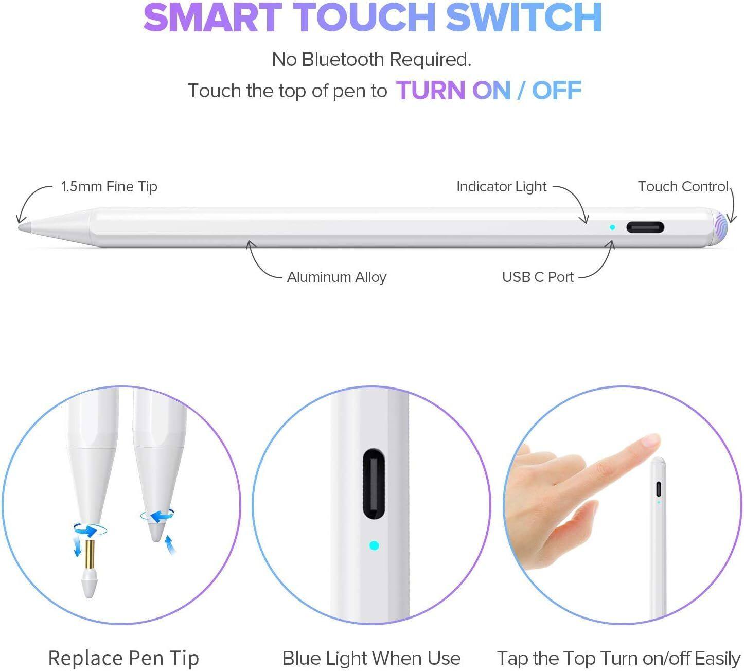 SMART TOUCH SWITCH  
No Bluetooth Required.  
Touch the top of pen to TURN ON / OFF  

1.5mm Fine Tip  
Indicator Light  
Touch Control  
Aluminum Alloy  
USB C Port  

Replace Pen Tip  
Blue Light When Use  
Tap the Top Turn on/off Easily