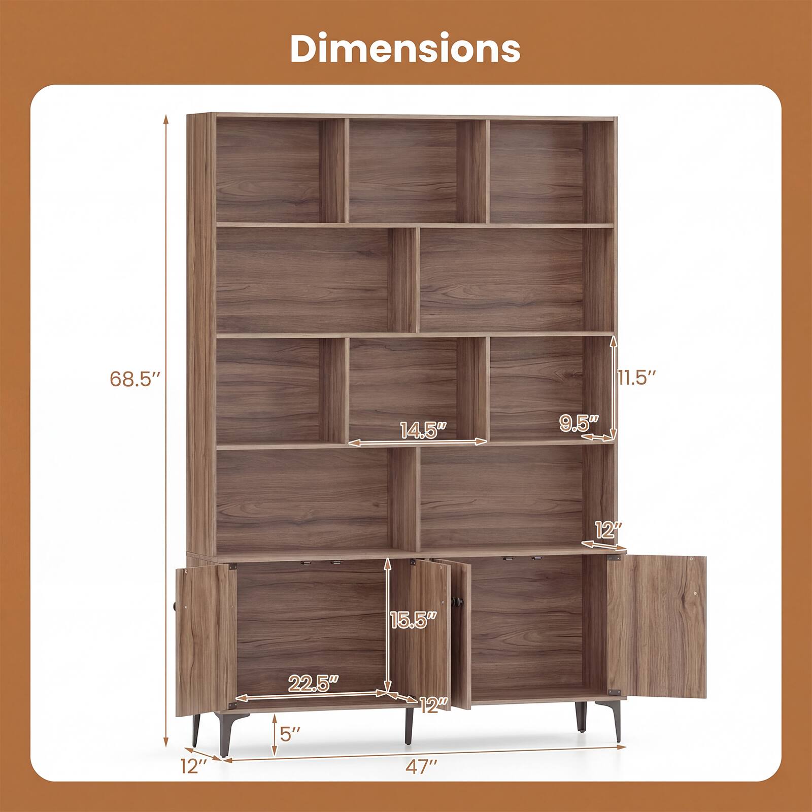 Dimensions:  
68.5" x 11.5" x 14.5" x 9.5" x 12" x 15.5" x 12" x 22.5" x 5" x 12" x 47"