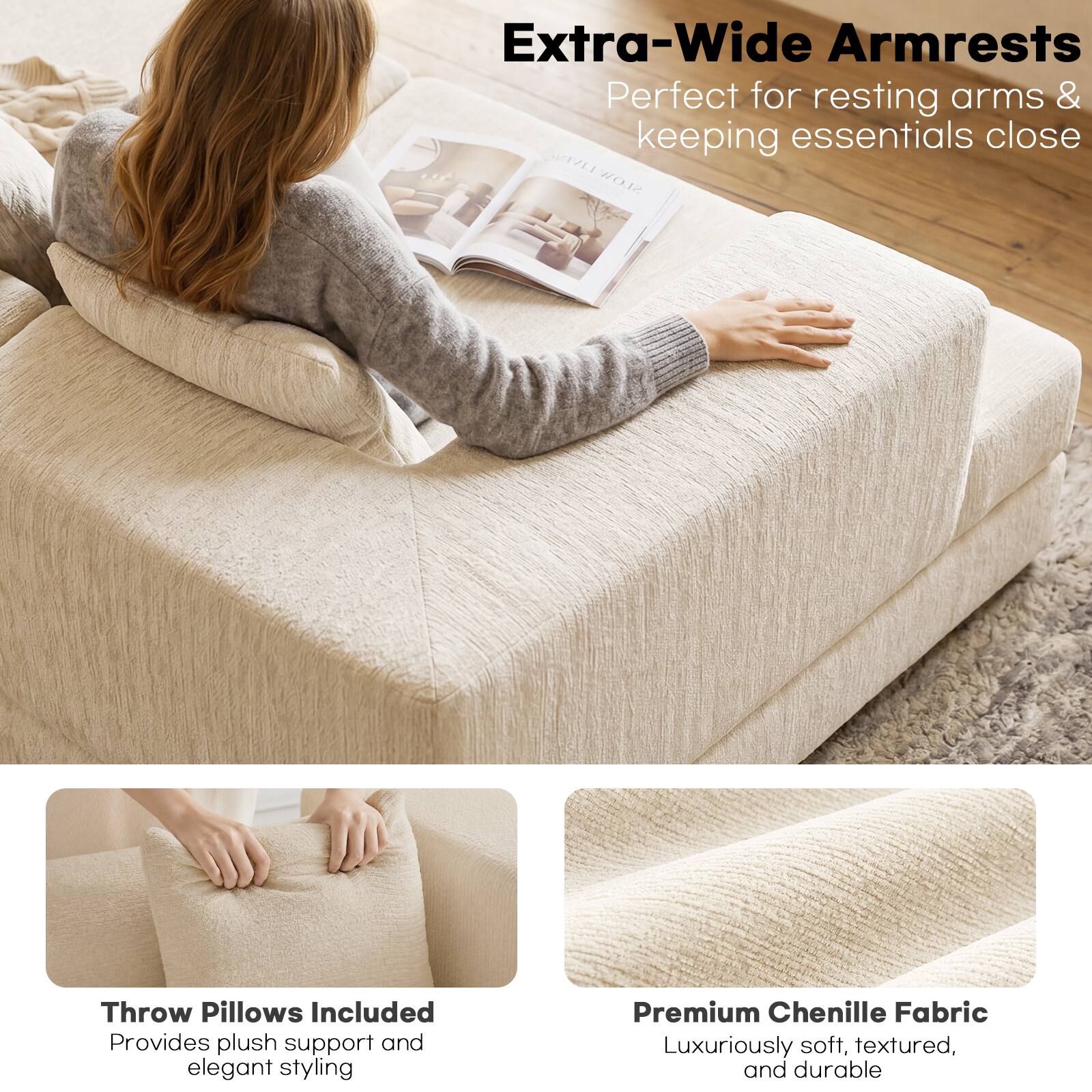 Extra-Wide Armrests  
Perfect for resting arms & keeping essentials close

Throw Pillows Included  
Provides plush support and elegant styling

Premium Chenille Fabric  
Luxuriously soft, textured, and durable