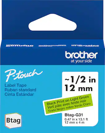 BOCR- U.o penume auThortouaess oriomnales FRREER - brother at your side Petouch ~1/2 in Label Tape Ruban standard 12 mm Cinta Estndar Light Green Print on noir Black avec texte Claro Vert ple sobre Verde Texto Negro Btag-G31 0.47 in x 13.1 ft Btag 12 mm X 4 m