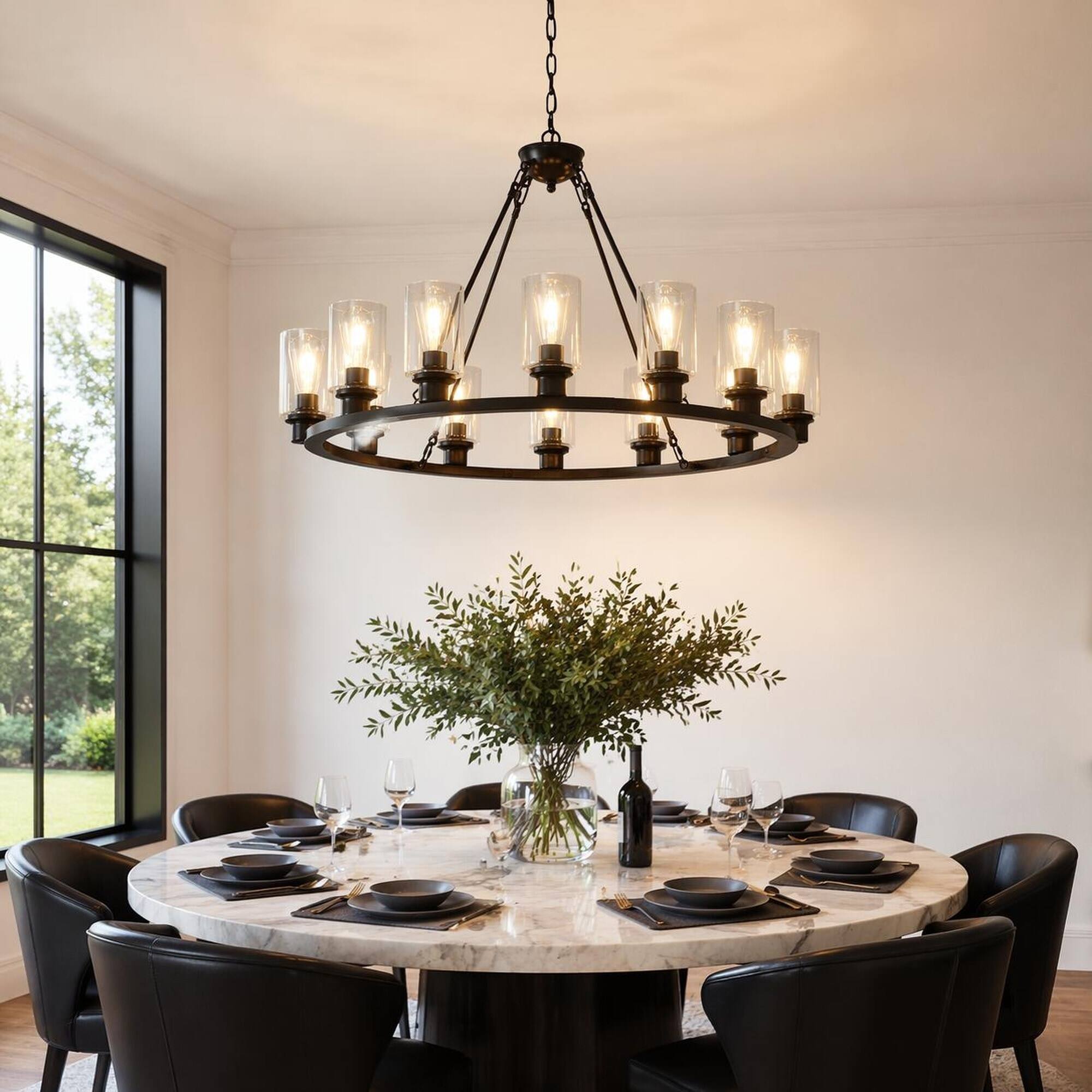 Angle. RYHNUYNE - Black Wagon Wheel Chandelier 34.25 Inch Modern Farmhouse 9-Light Ceiling Pendant with Seeded Glass Shades.