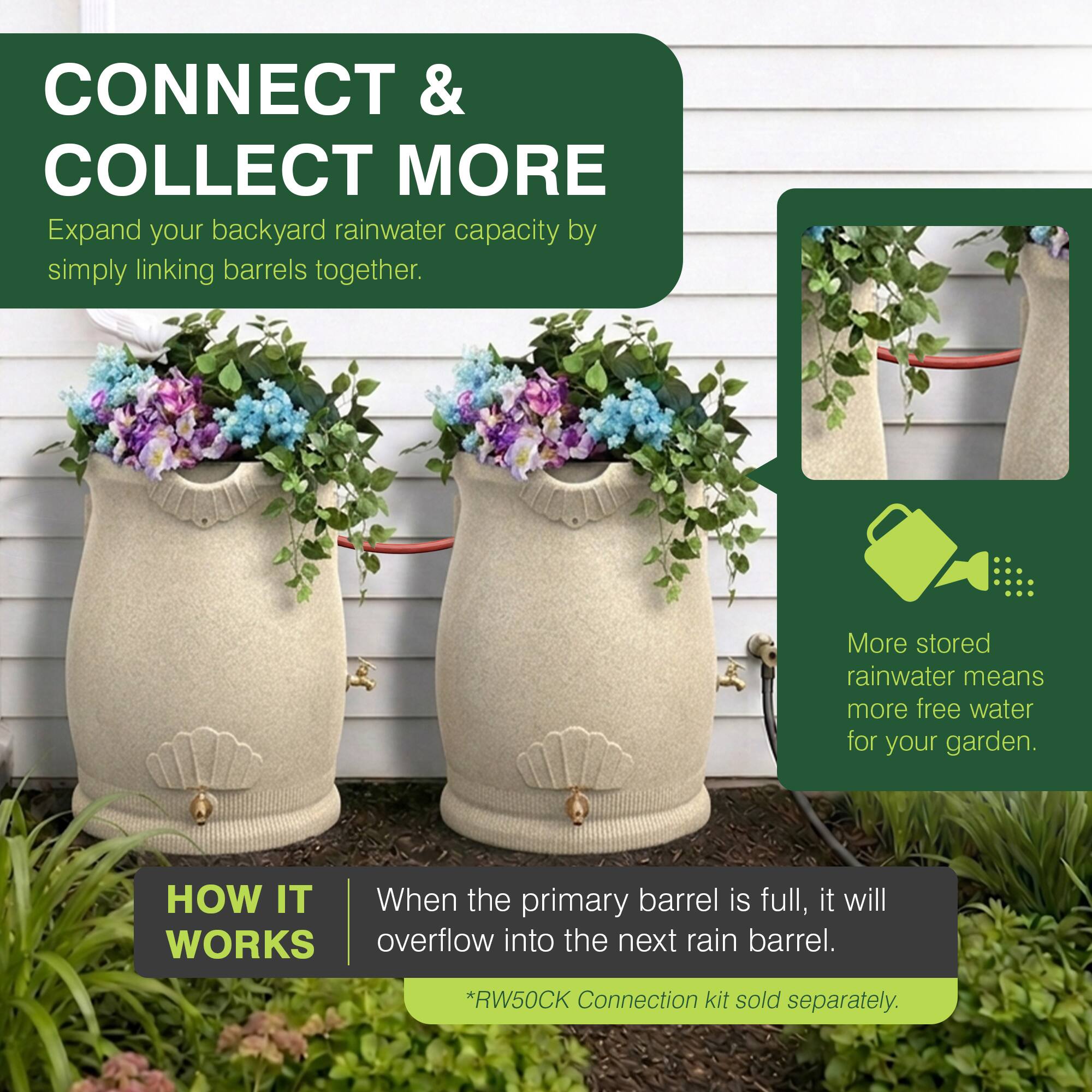CONNECT & COLLECT MORE  
Expand your backyard rainwater capacity by simply linking barrels together.  

More stored rainwater means more free water for your garden.  

HOW IT WORKS  
When the primary barrel is full, it will overflow into the next rain barrel.  

*RW50CK Connection kit sold separately.