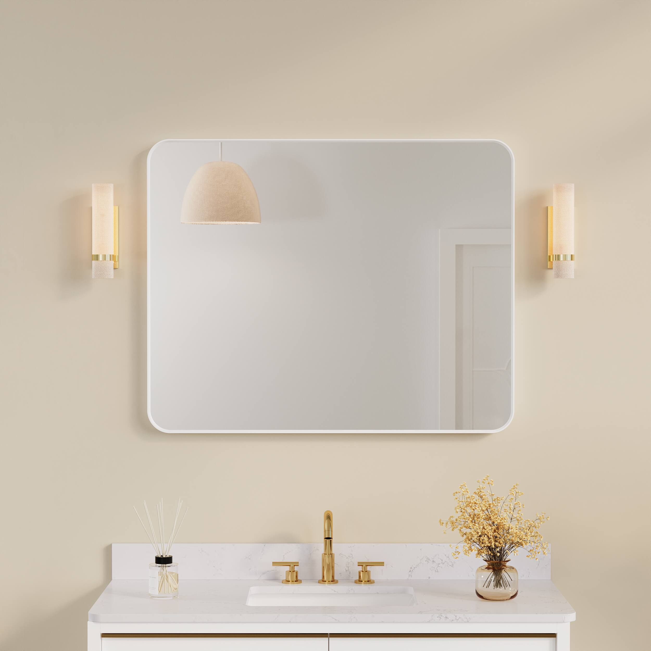 Left. WELLFOR - 40 in. W. x 32 in. H Rectangular Aluminum Framed Wall-Mounted Bathroom Vanity Mirror - White.