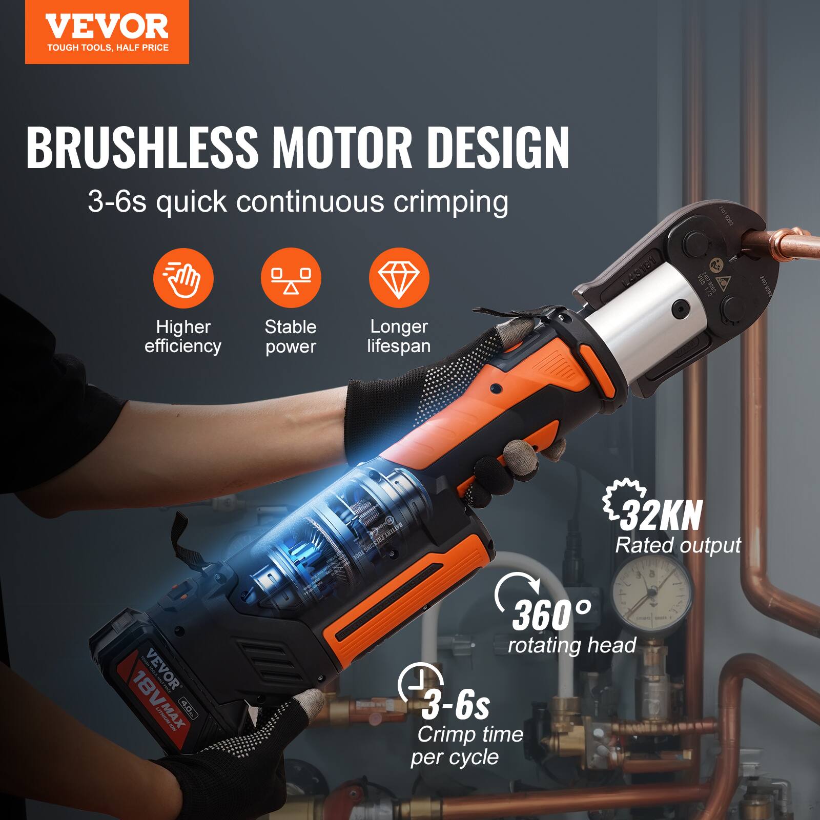 VEVOR TOUGH TOOLS, HALF PRICE

BRUSHLESS MOTOR DESIGN
3-6s quick continuous crimping

- Higher efficiency
- Stable power
- Longer lifespan

32KN Rated output

360° rotating head

3-6s Crimp time per cycle