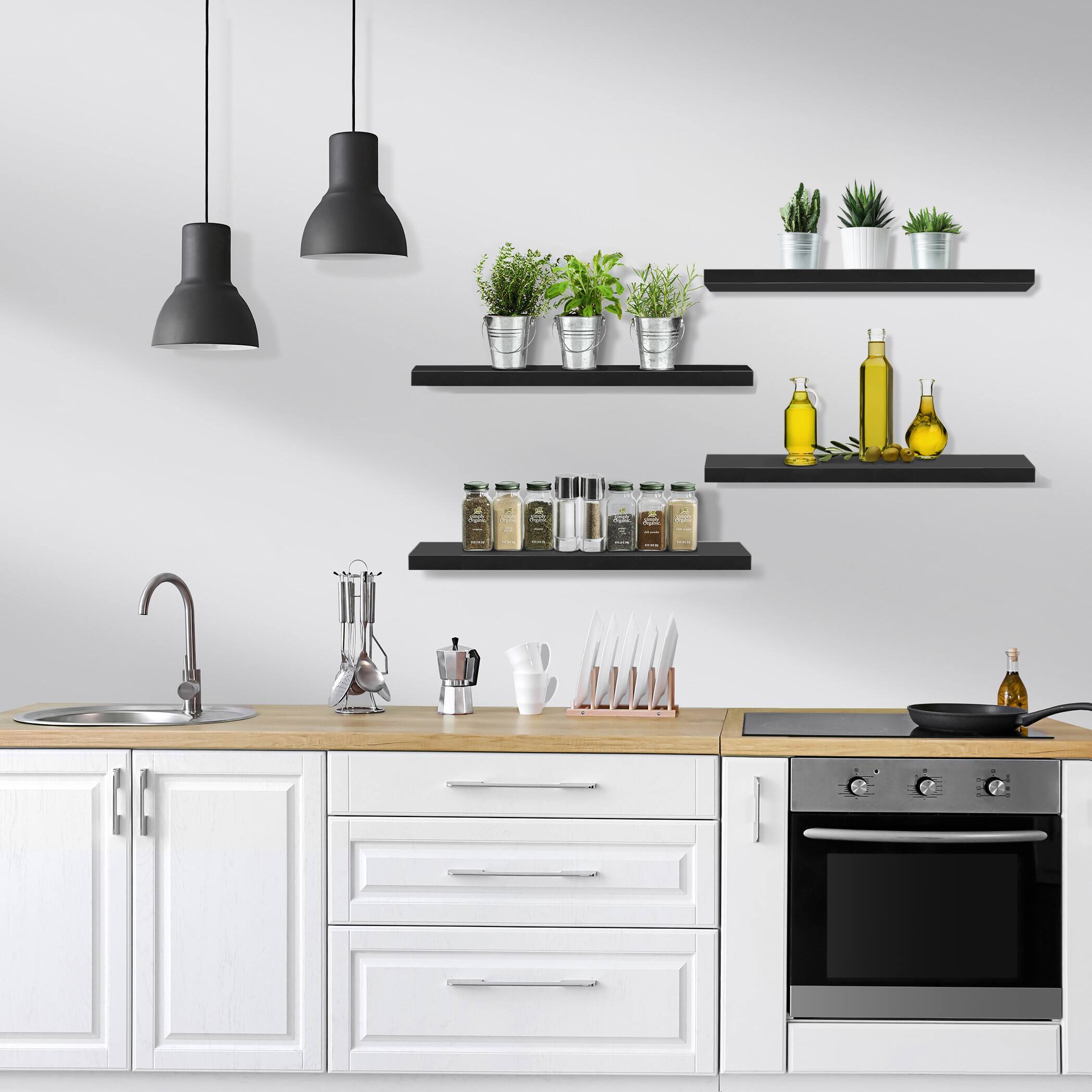 Alt View 4. Sorbus - Sorbus 24 x 9 Inch 4 Pack Wall Mounted Floating Wood Shelves - for Bedroom, Kitchen, Living Room, Bathroom - Black.