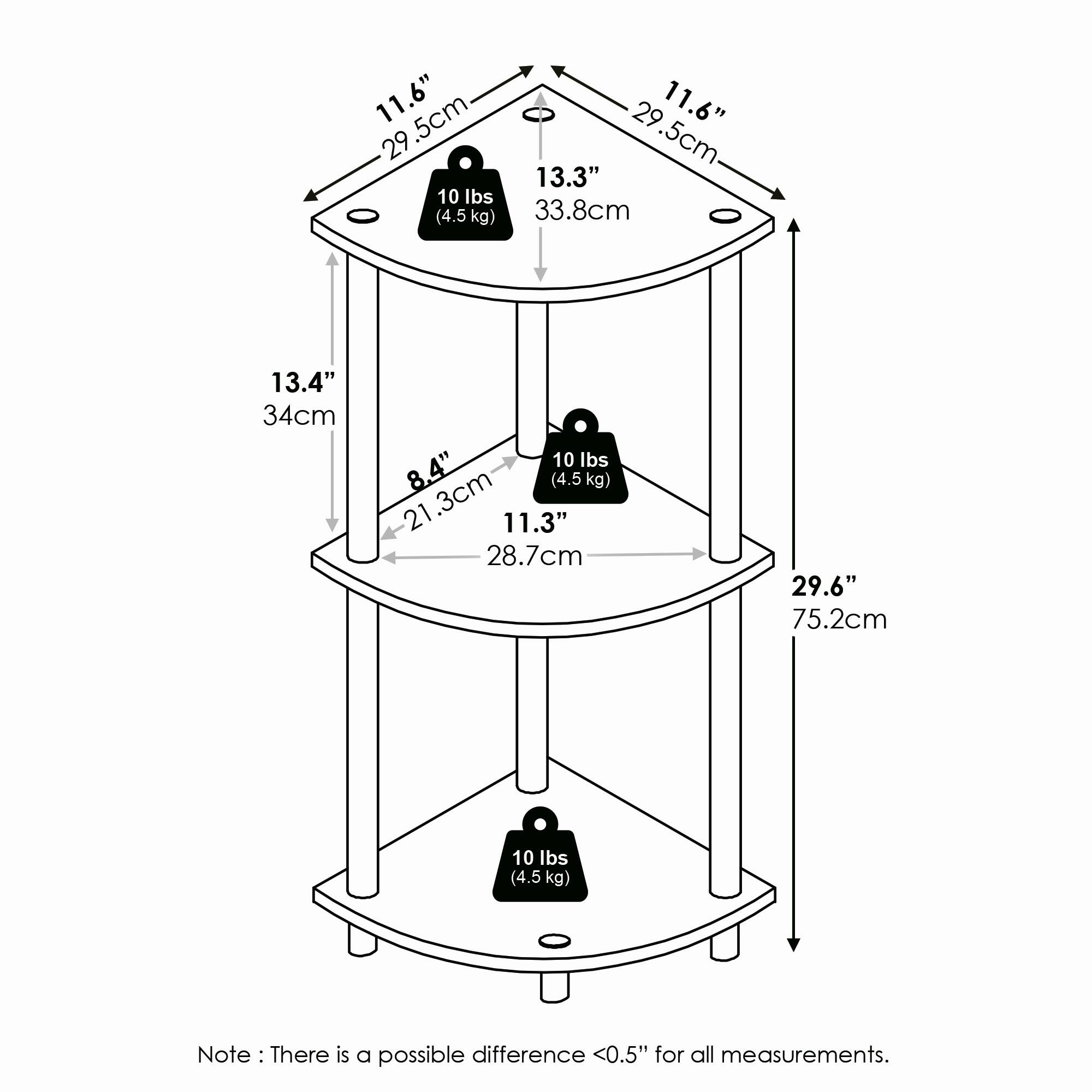 - Top Diameter: 11.6" (29.5 cm)
- Top Height: 13.3" (33.8 cm)
- Middle Diameter: 8.4" (21.3 cm)
- Middle Height: 11.3" (28.7 cm)
- Bottom Diameter: 13.4" (34 cm)
- Bottom Height: 29.6" (75.2 cm)
- Weight Capacity: 10 lbs (4.5 kg)

Note: There is a possible difference <0.5" for all measurements.