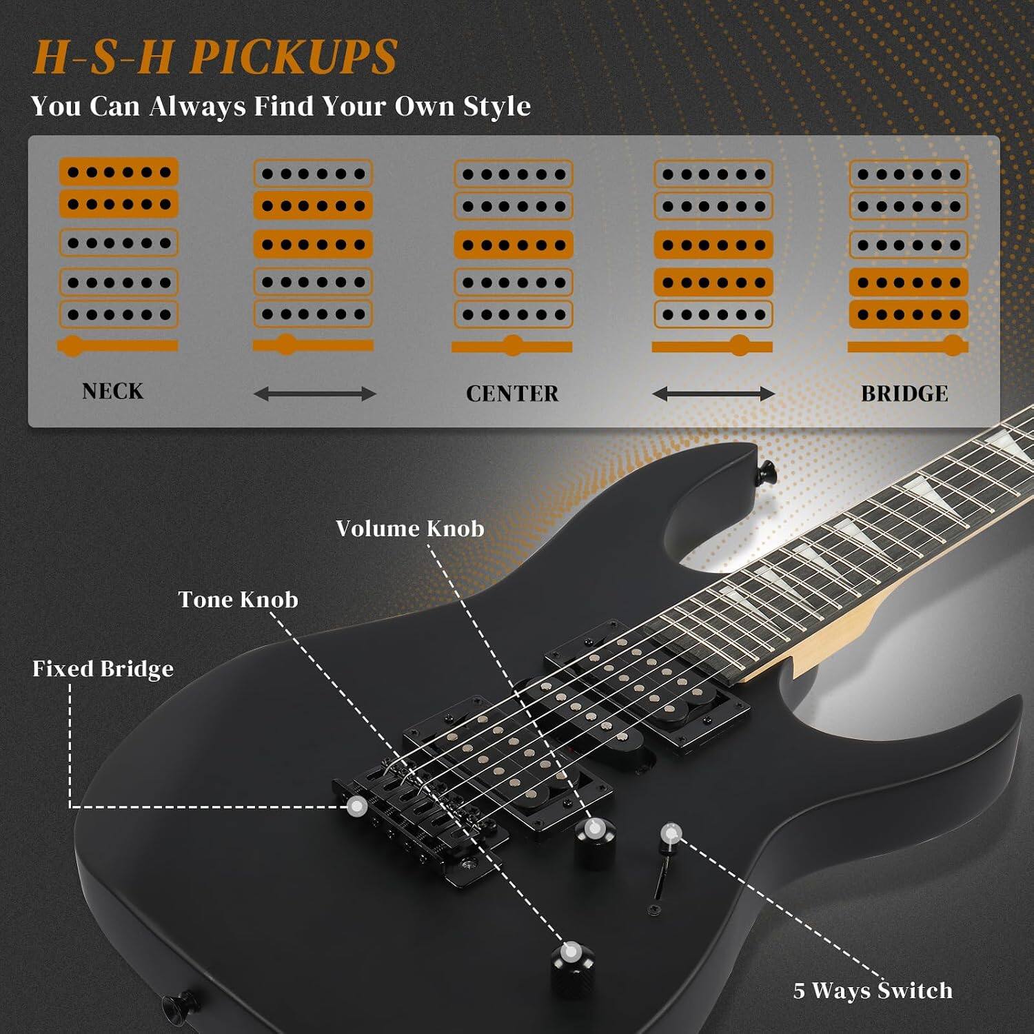 H-S-H PICKUPS  
You Can Always Find Your Own Style

NECK  
CENTER  
BRIDGE  
Volume Knob  
Tone Knob  
Fixed Bridge  
5 Ways Switch