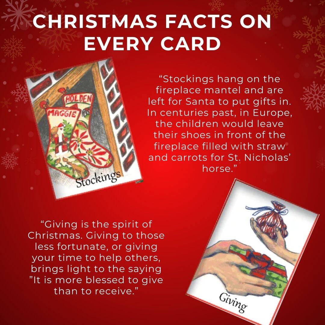 **CHRISTMAS FACTS ON EVERY CARD**

"Stockings hang on the fireplace mantel and are left for Santa to put gifts in. In centuries past, in Europe, the children would leave their shoes in front of the fireplace filled with straw and carrots for St. Nicholas' horse."

"Giving is the spirit of Christmas. Giving to those less fortunate, or giving your time to help others, brings light to the saying 'It is more blessed to give than to receive.'"