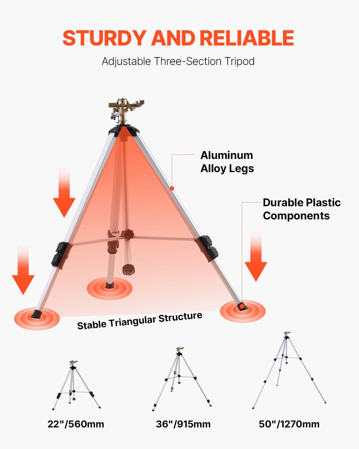 STURDY AND RELIABLE Adjustable Three-Section Tripod  
Aluminum Alloy Legs  
Durable Plastic Components  
Stable Triangular Structure  
22" / 560mm  
36" / 915mm  
50" / 1270mm