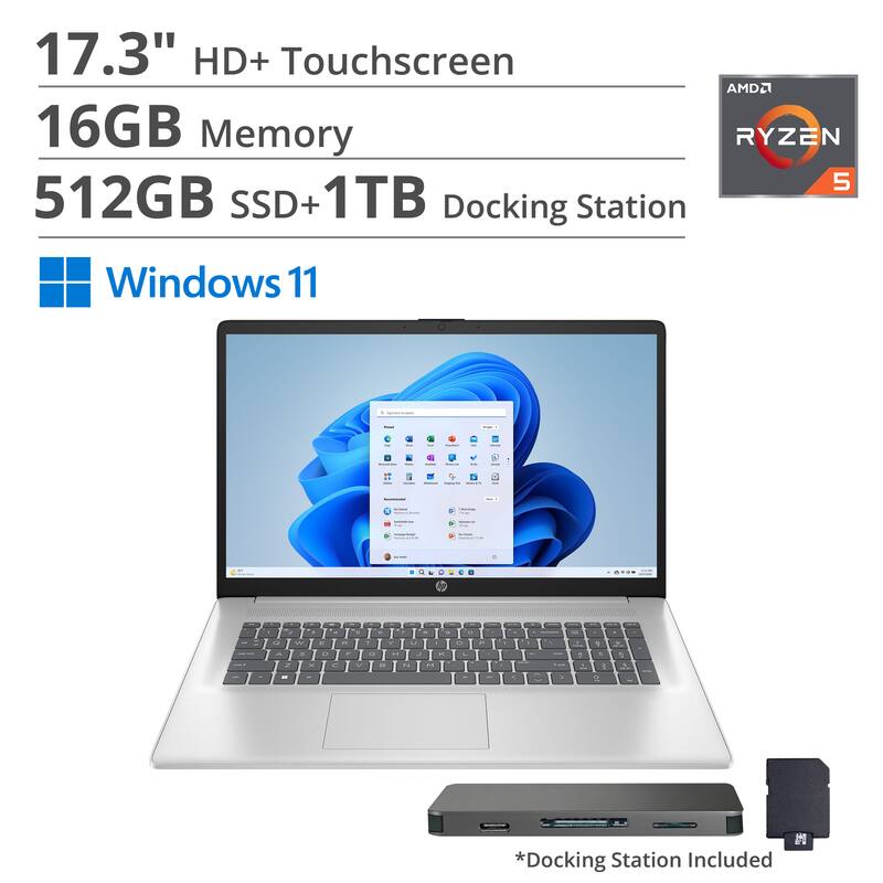 HP - 17.3" HD+ Touchscreen Laptop,Ryzen 5 7430U,16GB RAM,512GB SSD+1TB Dock Station,AMD Radeon GPU,Wi-Fi 6,Win 11 - Silver