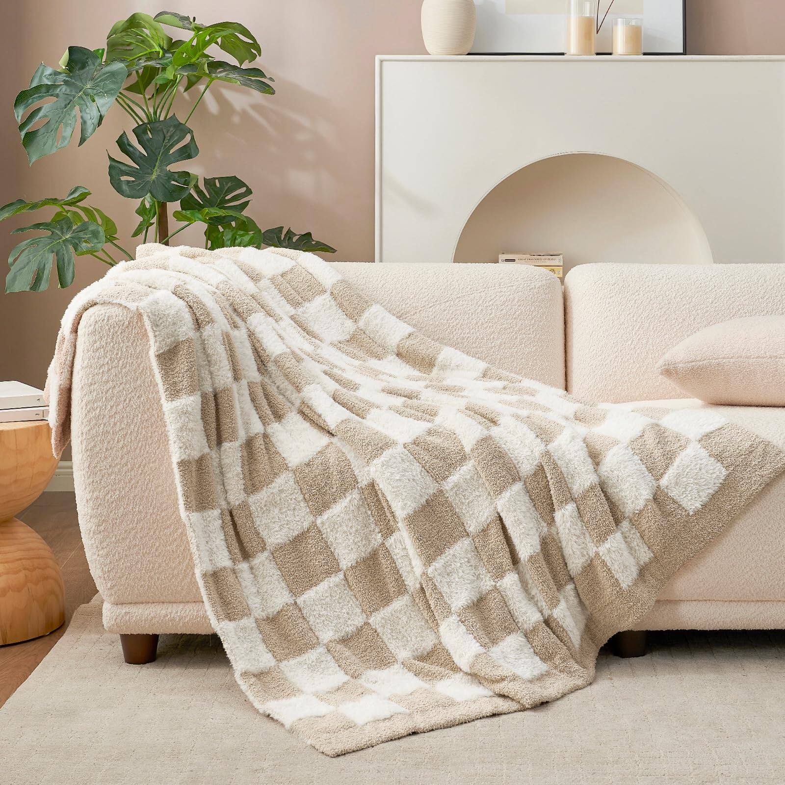 Alt View 4. NICHOLAS KLEIN - Checkered Throw Blanket Faux Microfiber Blankets For Couch Cozy Soft Warm Sofa Bedroom Living Room Beige Ch... - Solid Blue Twin(60"x80").