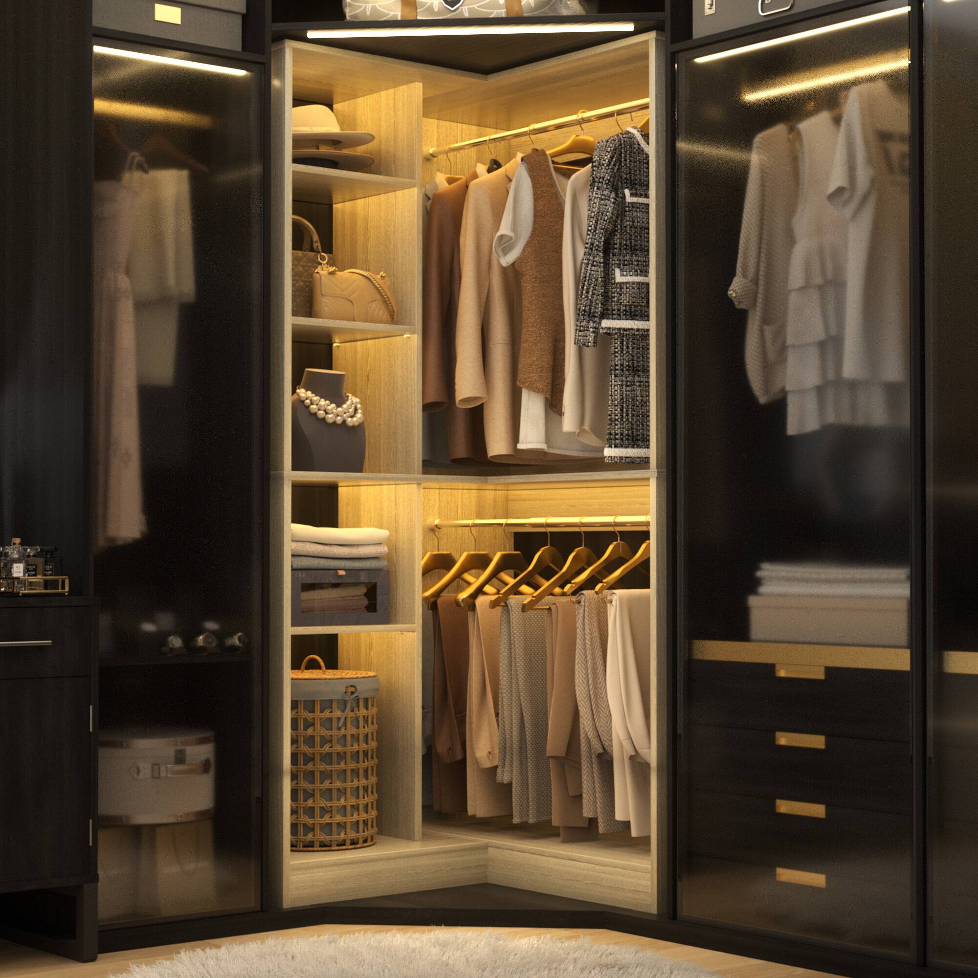 Alt View 2. Aheaplus - 36"Corner Closet Organizer: Freestanding System With 2 Rods & 8 Shelves (36"W x 16"D x 80"H) - White Oak.