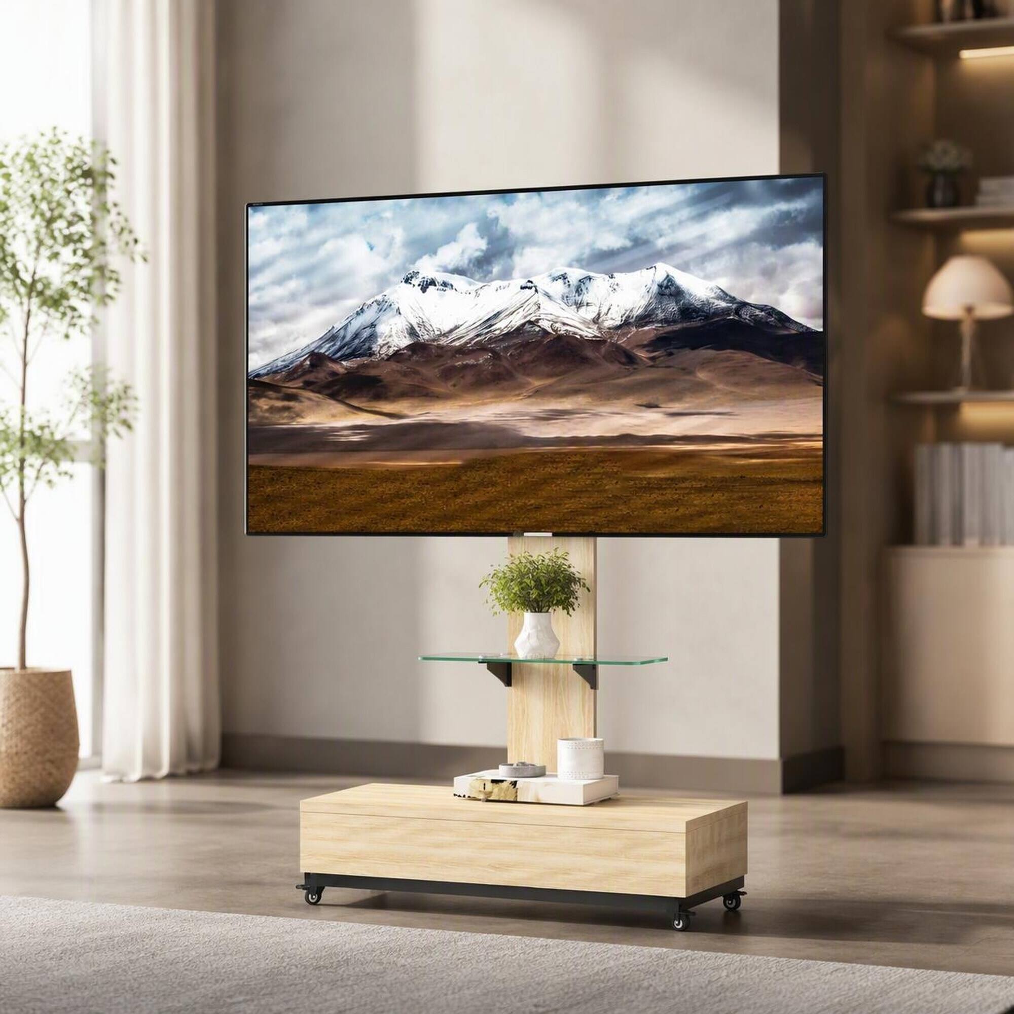 Front. RYHNUYNE - Adjustable Height Mobile TV Stand, Natural Wood & Glass Push-Pull Drawer Cart For 32-75 Inch TVs - Natural.