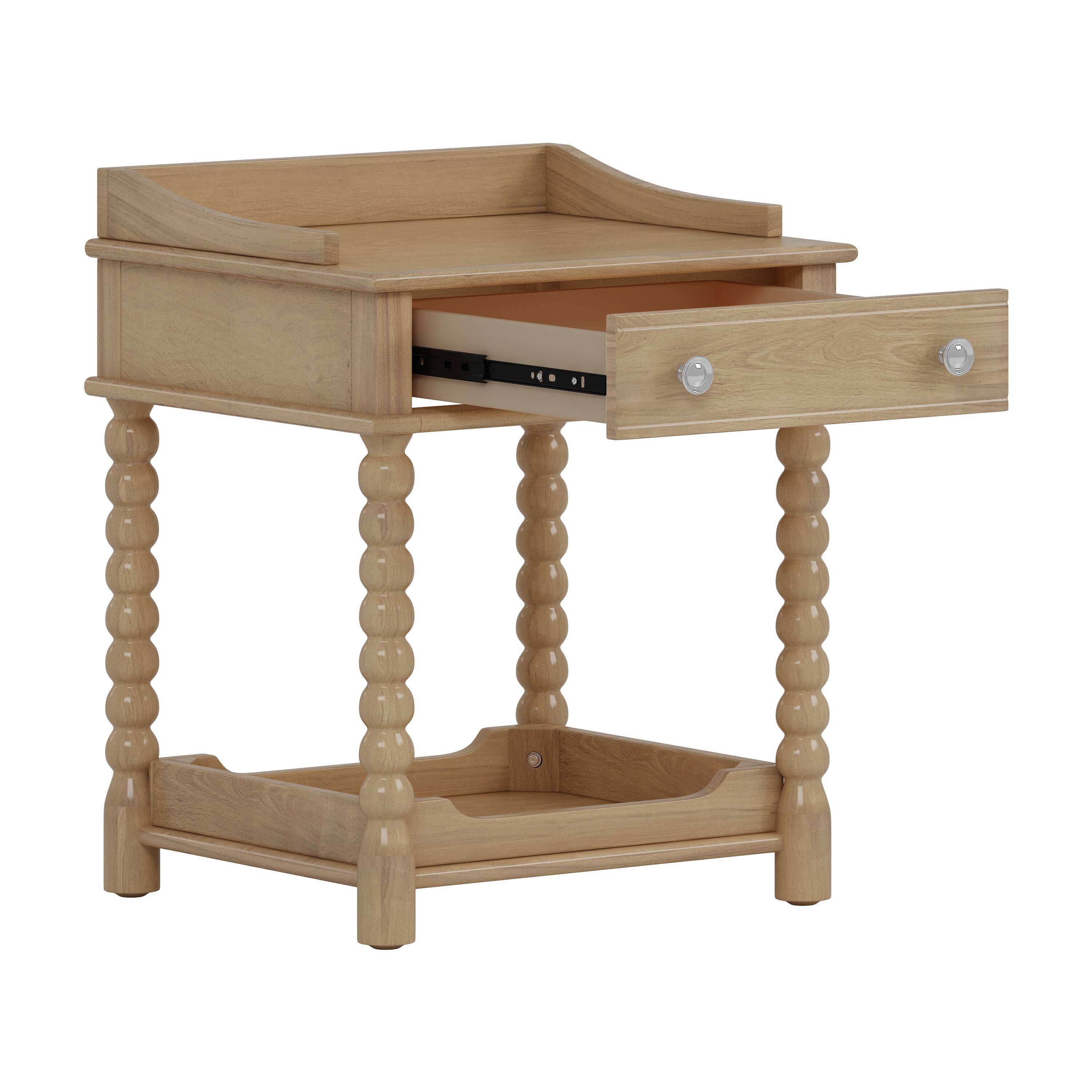 Spaco - Retro Nightstand, 1 Drawer and Open Shelf Nightstand, Turned Legs, Metal Handle, for Bedroom, Living Room - Natural