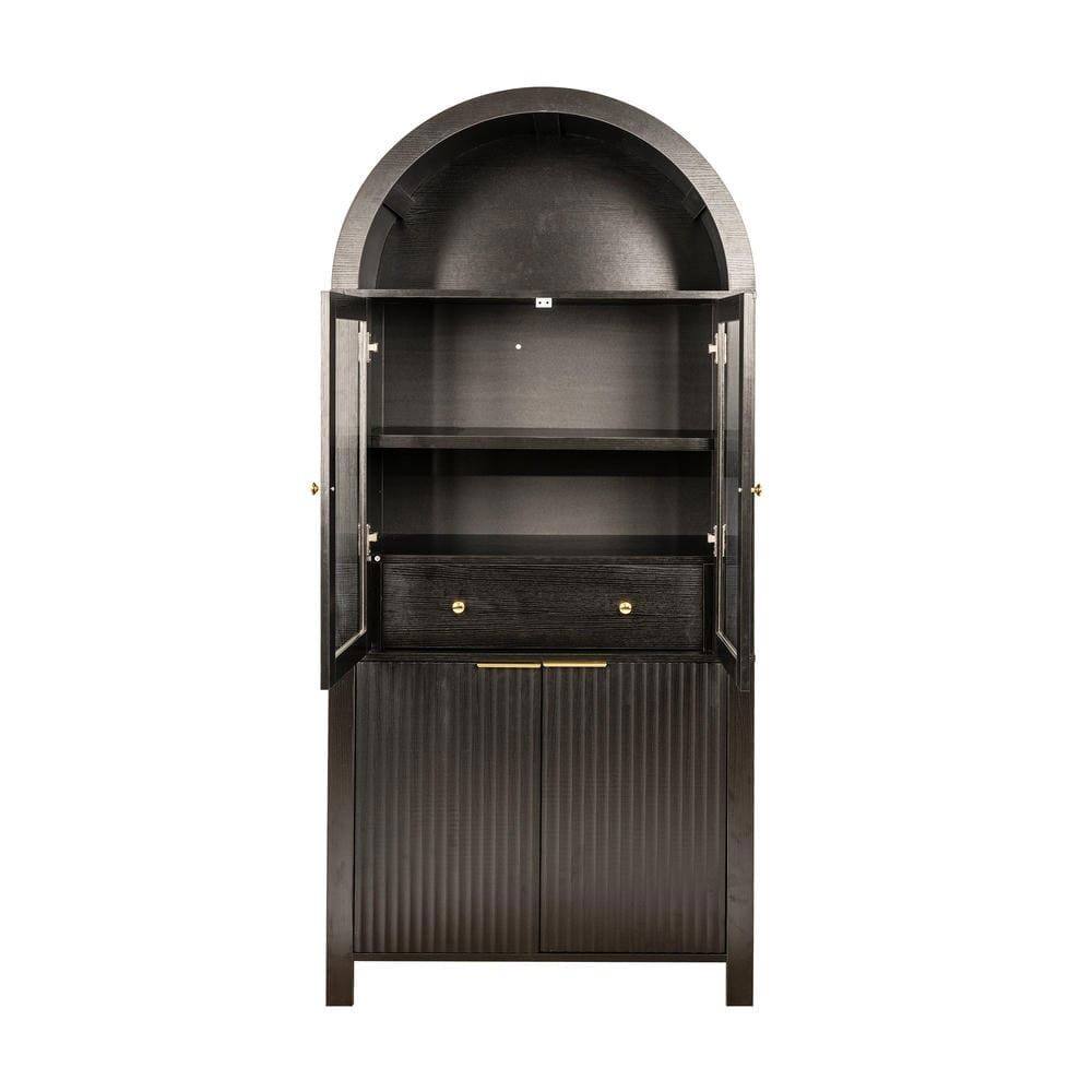 Alt View 6. Kadyn - 71" Fluted Arched Display Cabinet with Hidden Drawer and Glass Door - Black - Black.
