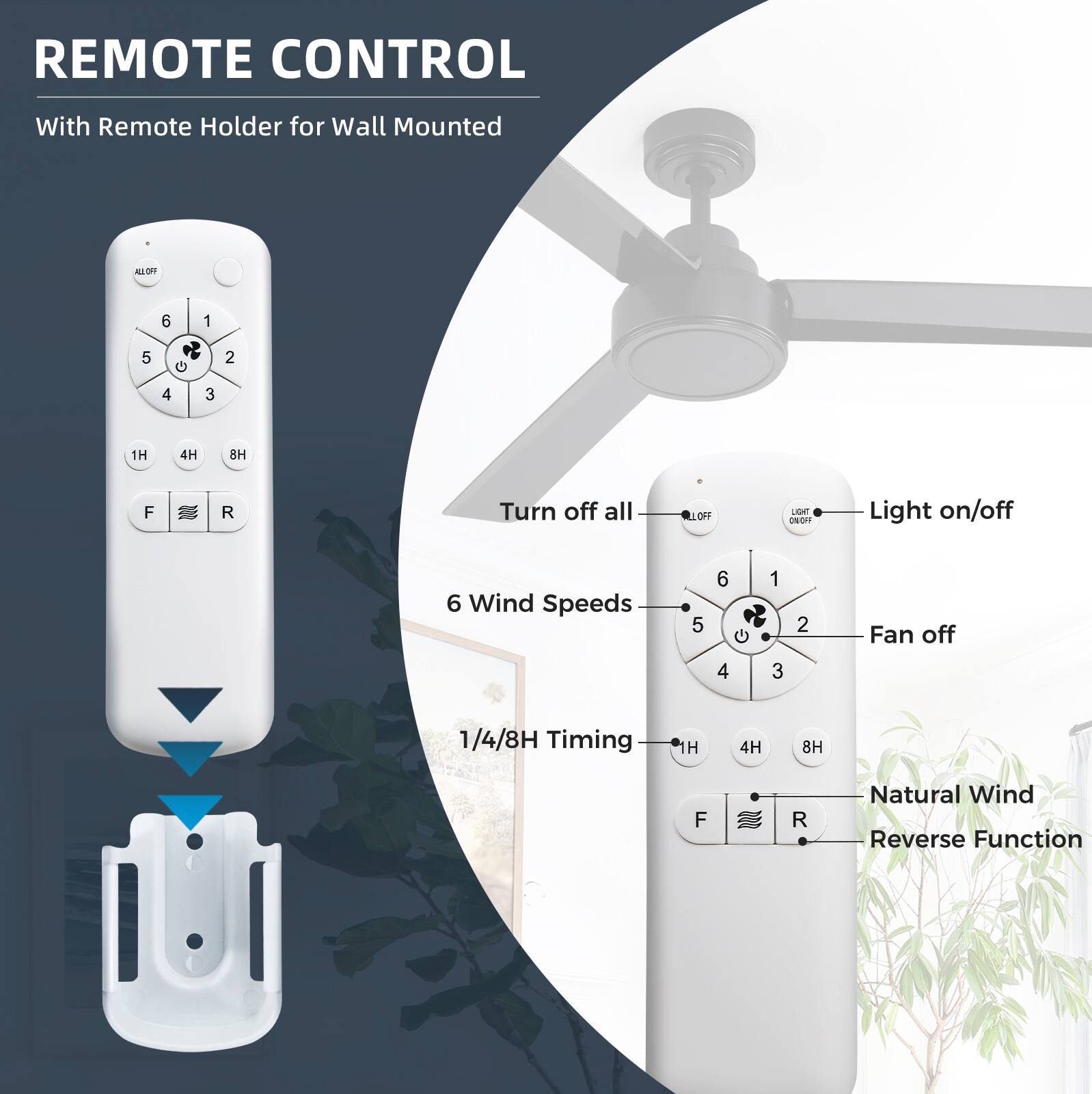 REMOTE CONTROL  
With Remote Holder for Wall Mounted  

- Turn off all  
- Light on/off  
- 6 Wind Speeds  
- 1/4/8H Timing  
- Natural Wind Reverse Function  

Buttons:  
- 1H, 4H, 8H  
- F, R  
- 1, 2, 3, 4, 5, 6  
- Fan off  
- Light on/off  
- ALLOFF