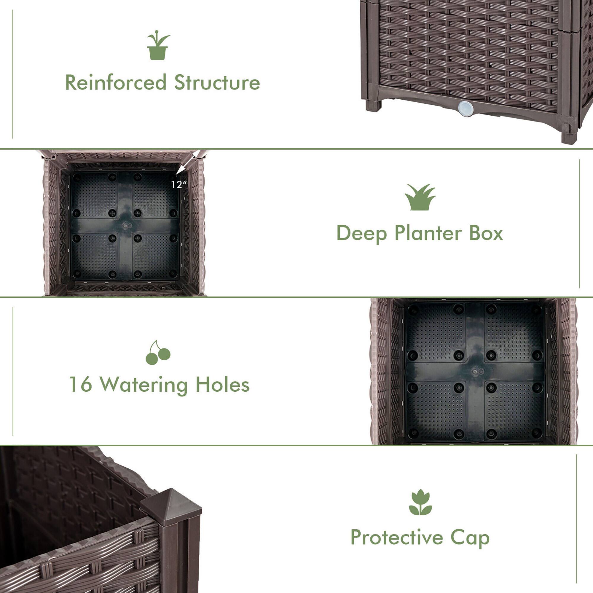 Reinforced Structure  
12" Deep Planter Box  
16 Watering Holes  
Protective Cap