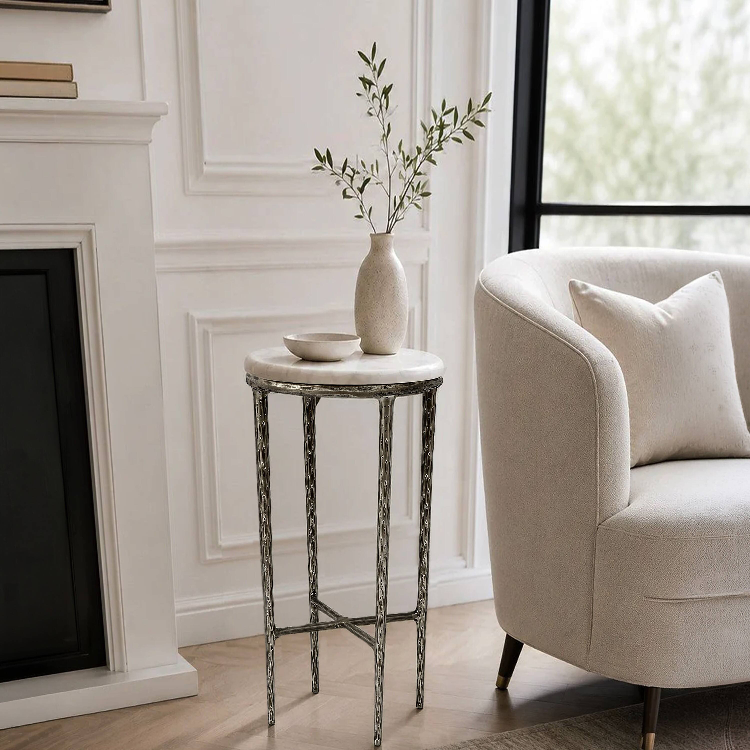 Alt View 7. Manhattan Lane - Minza Accent Side End Table, Modern White Marble Round Top, Hand Forged, Hammered Antique Nickel Finish, 24 Inch - Silver, White.
