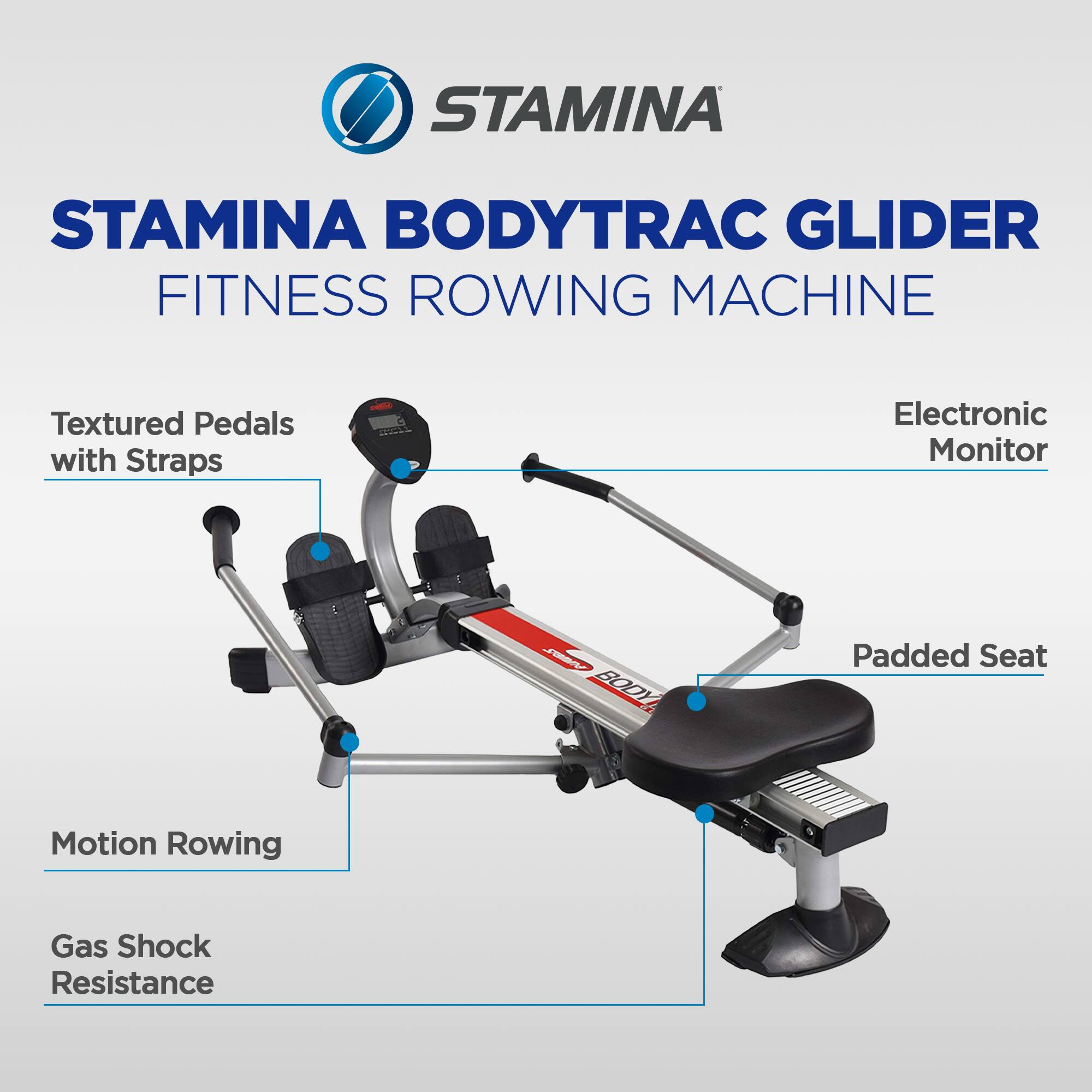 STAMINA BODYTRAC GLIDER FITNESS ROWING MACHINE

- Textured Pedals with Straps
- Electronic Monitor
- Padded Seat
- Motion Rowing
- Gas Shock Resistance