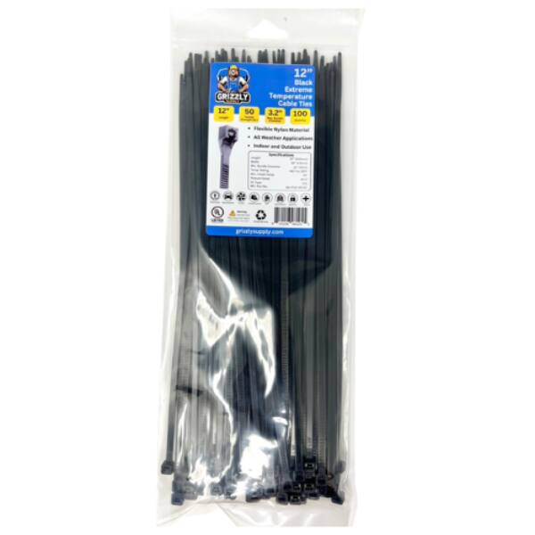 12" Black Extreme GRIZZLY Temperature Cable Ties, 12" x 50, 3.2" x 100, Flexible, Mylar, Weather- and Oil-Resistant, 1 + grizzlysupply.com