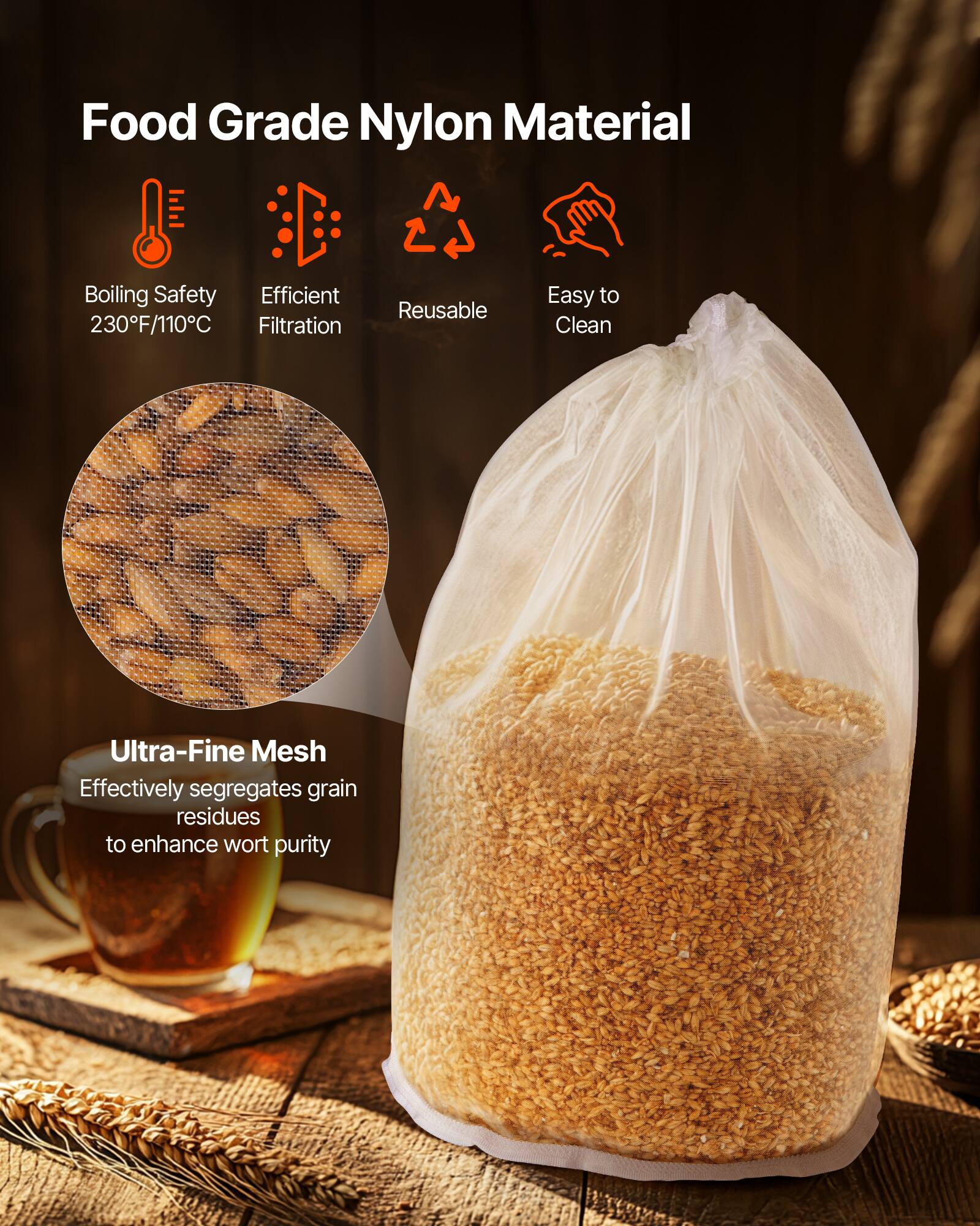 Food Grade Nylon Material

- Boiling Safety 230°F/110°C
- Efficient Filtration
- Reusable
- Easy to Clean

Ultra-Fine Mesh

Effectively segregates grain residues to enhance wort purity