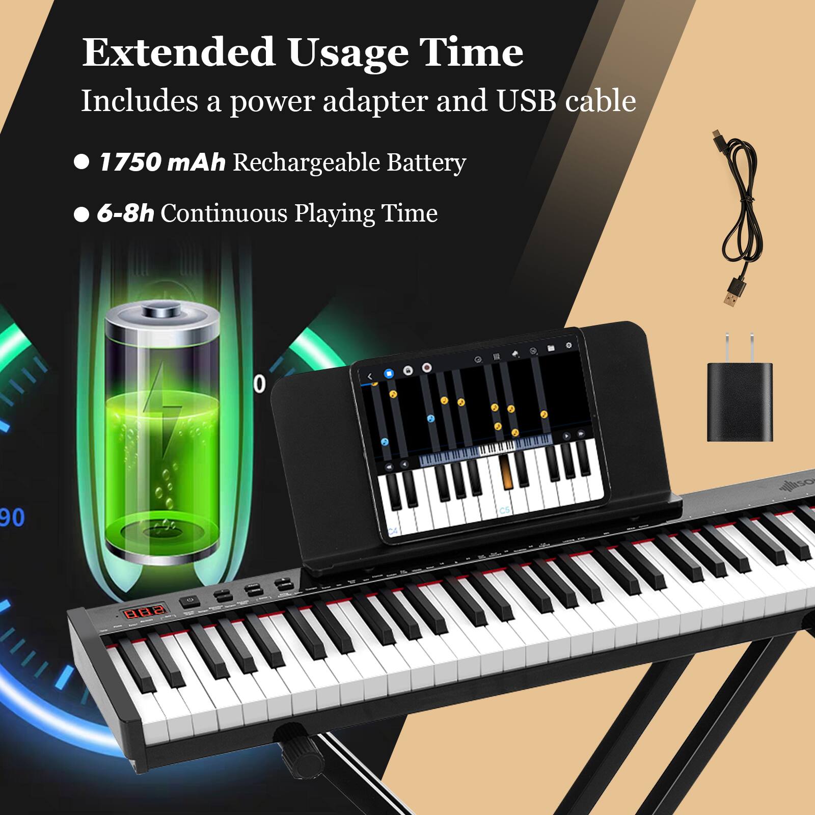 Extended Usage Time  
Includes a power adapter and USB cable  

- 1750 mAh Rechargeable Battery  
- 6-8h Continuous Playing Time