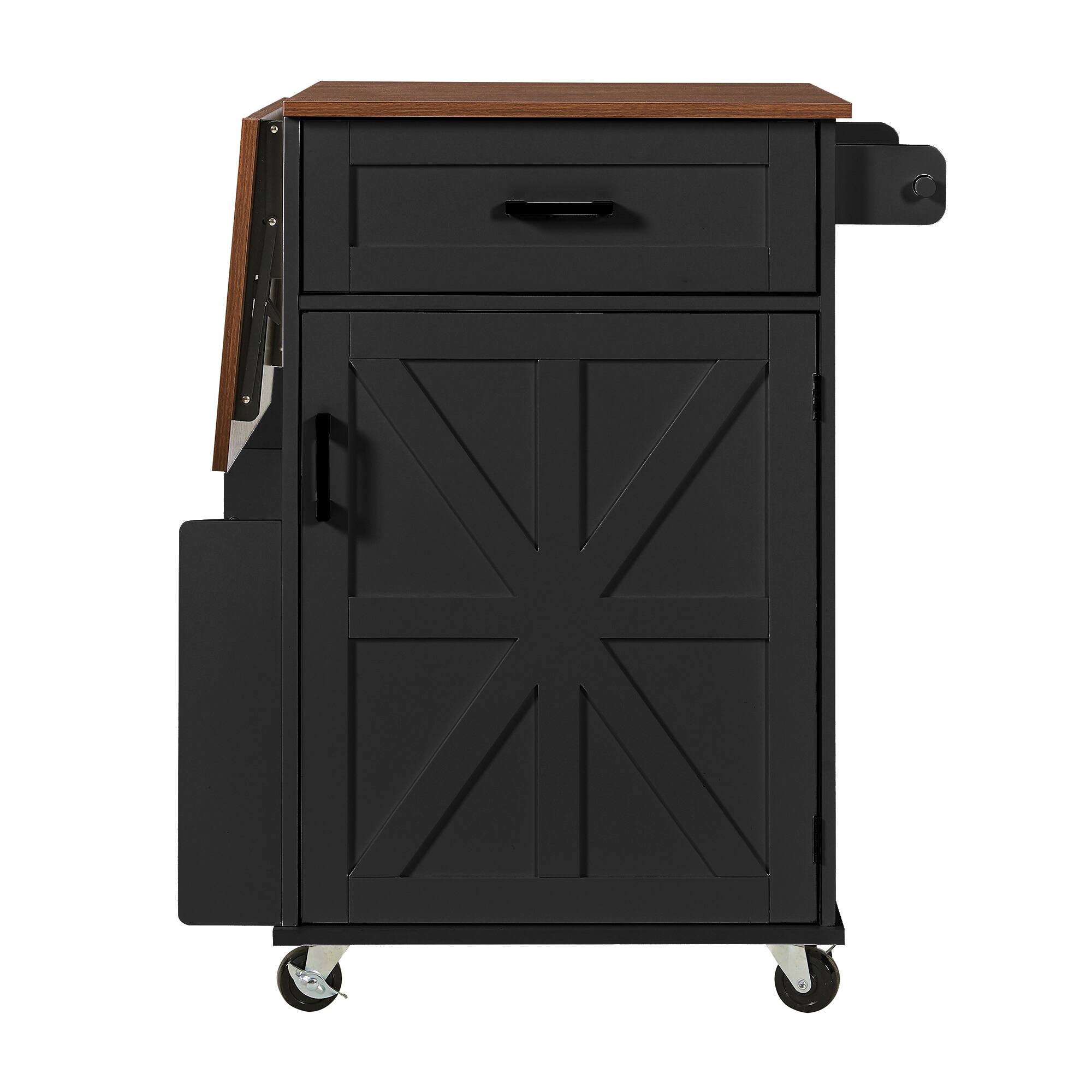 Alt View 4. Forest'nSky - 39.3" Farmhouse Kitchen Island with Drop Leaf – Rolling Cart with Towel Rack & Lockable Wheels, Black - Black.