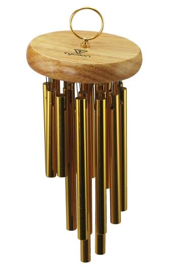 Front. Tycoon Percussion - 18-Gold-Plated Chimes on Siam Oak Bar, Tempered Aluminum Alloy Chimes Affixed in a Circular Formation.