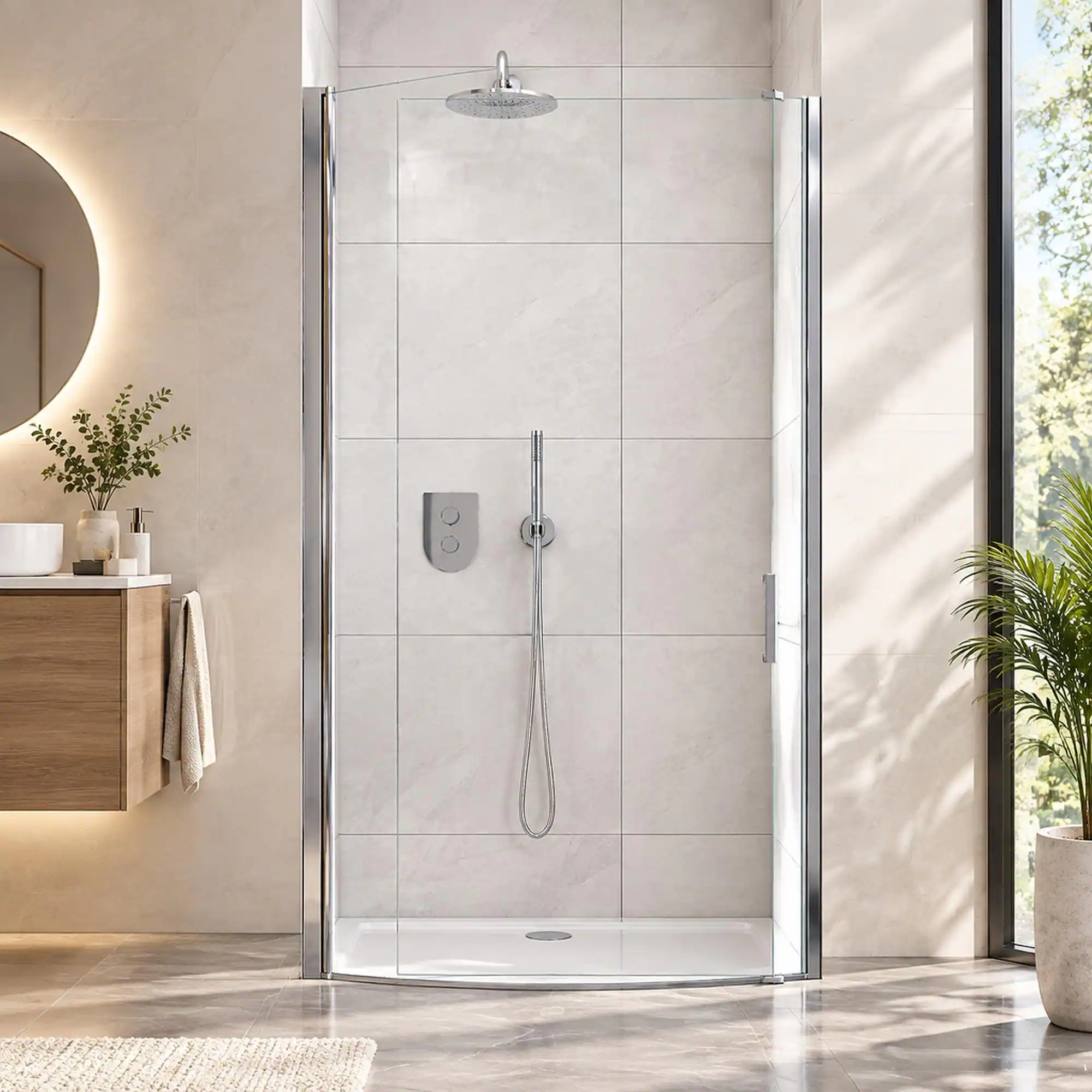 Front. RYHNUYNE - 30 In W X 72 In H Semi-Frameless Circular Pivot Shower Door, 1/4 In Clear Tempered Glass Chrome Finish - Chrome.