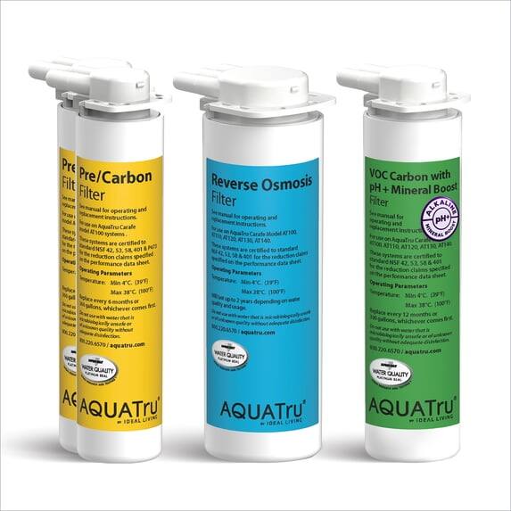 Pre/Carbon Filter for operating and instructions AquaTru Carafe 100 systems are certified NSF 58 401 reduction claims specified performance data sheet Parameters Min 4C. (391) Max 38C (100F) every 6 months or whichever comes first without Reverse Osmosis Filter operating and DET AT140 CH to 401 for the data (1FF) VOC Carbon with pH Mineral Boost Filter CHAMPIONS for pH+ and AquaTru MINERAL BOOST AT110, AT120 DEITA systems are certified to NSF 42. 401 reduction data Parameters Min 4C (2PF) Max 38C 12 months whichever YTUALIO AE AQUATru IDEAL LIVING AQUATru TONAL WATER QUALITY AQUATru
