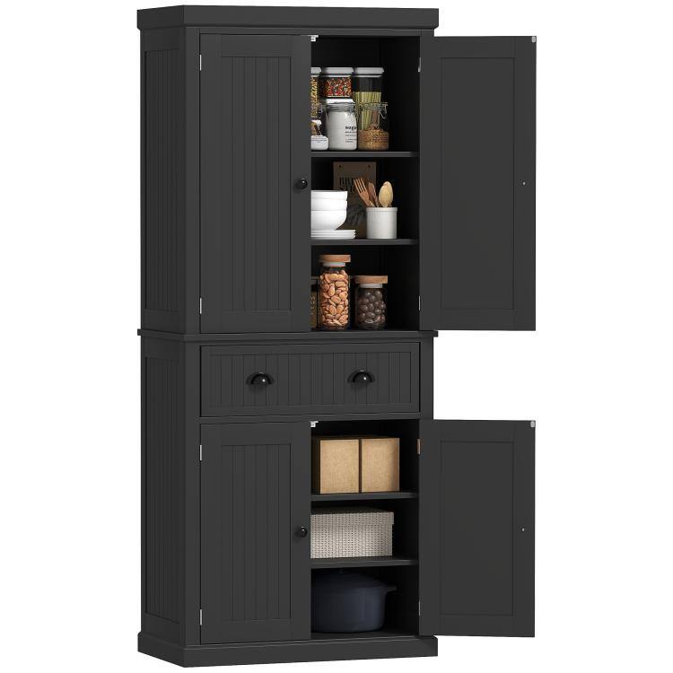 Front. PULUZ - 72 inch Kitchen Pantry Storage Cabinet, Cupboard with 4 Doors and 3 Adjustable Shelves, Large Central Drawer - Black.