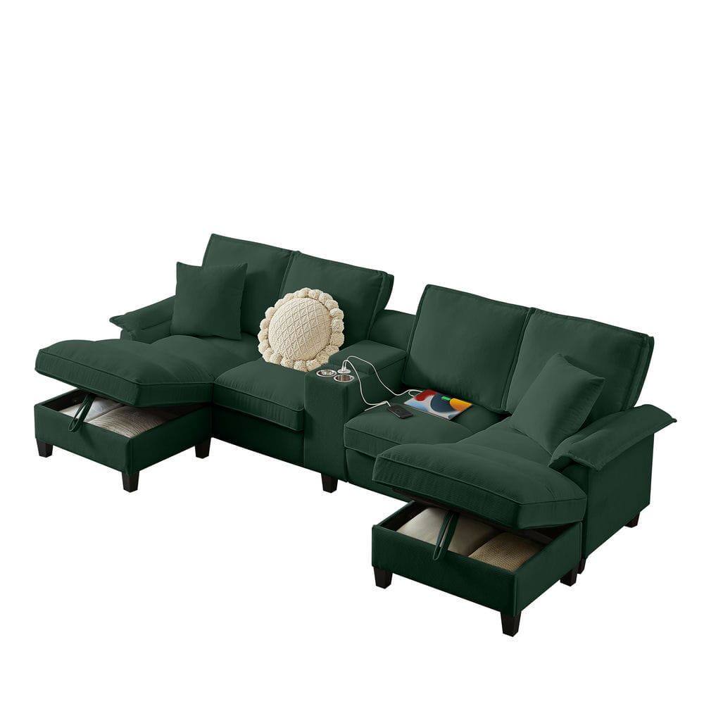 Left. Kadyn - 120" U-Shaped Sectional Sofa Bed, 4-Seater Corduroy with Storage and Built-In Cup Holders, Green - Green.