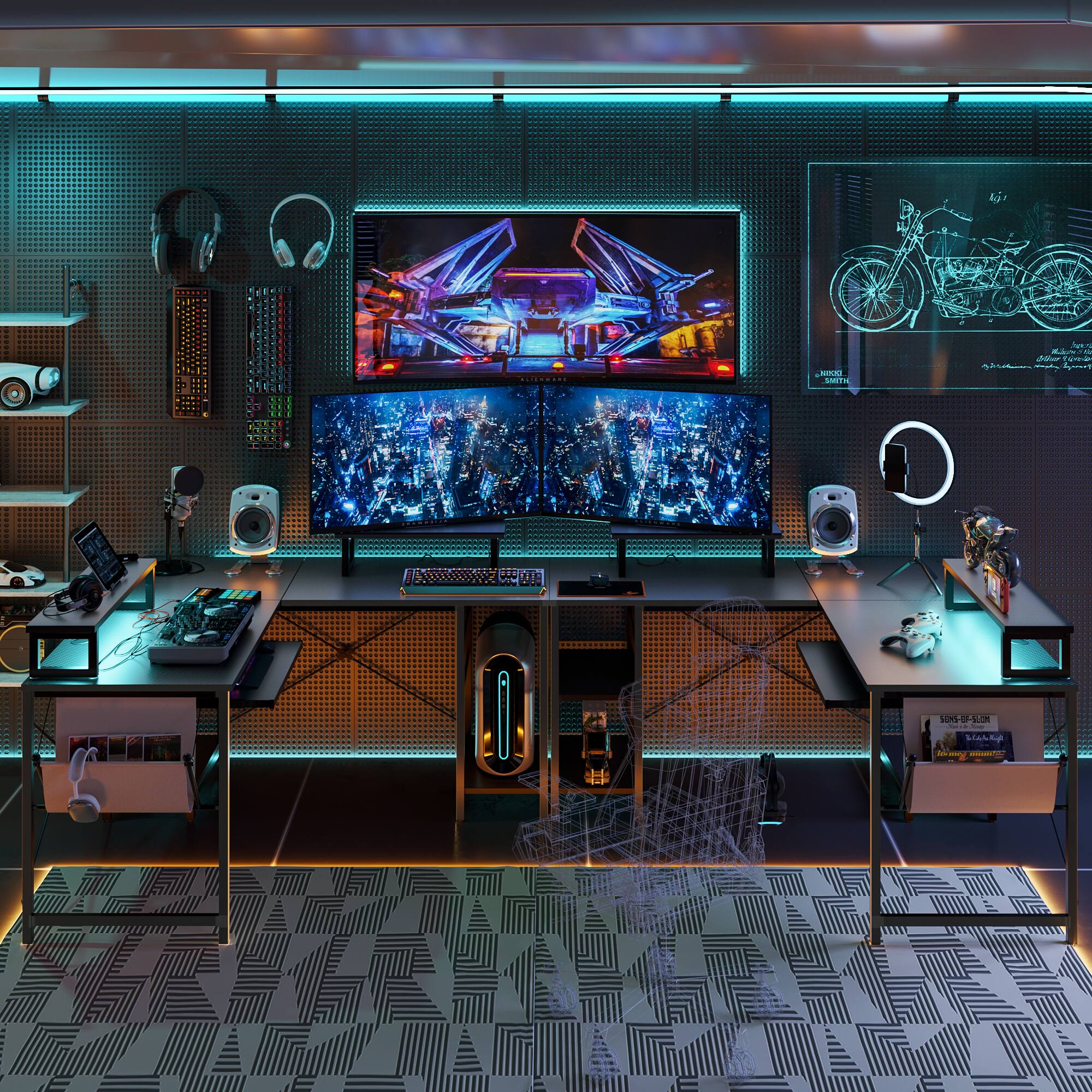 I cannot group or correct the text as it does not seem to be related to the image. The image shows a desk with a computer setup, including a keyboard, mouse, and two monitors. There are also speakers and a laptop on the desk.