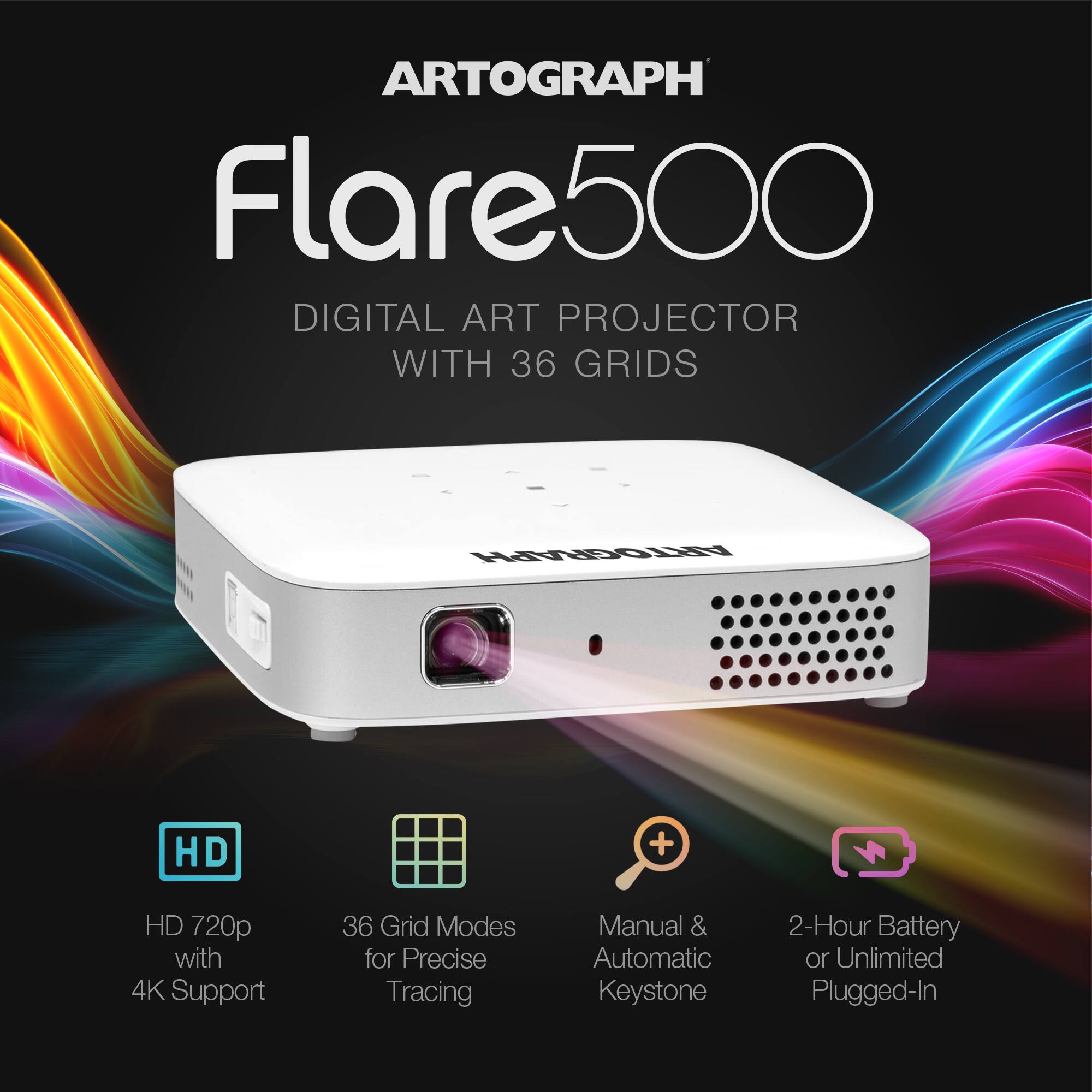 ARTOGRAPH Flare500  
DIGITAL ART PROJECTOR WITH 36 GRIDS  

- HD 720p with 4K Support  
- 36 Grid Modes for Precise Tracing  
- Manual & Automatic Keystone  
- 2-Hour Battery or Unlimited Plugged-In
