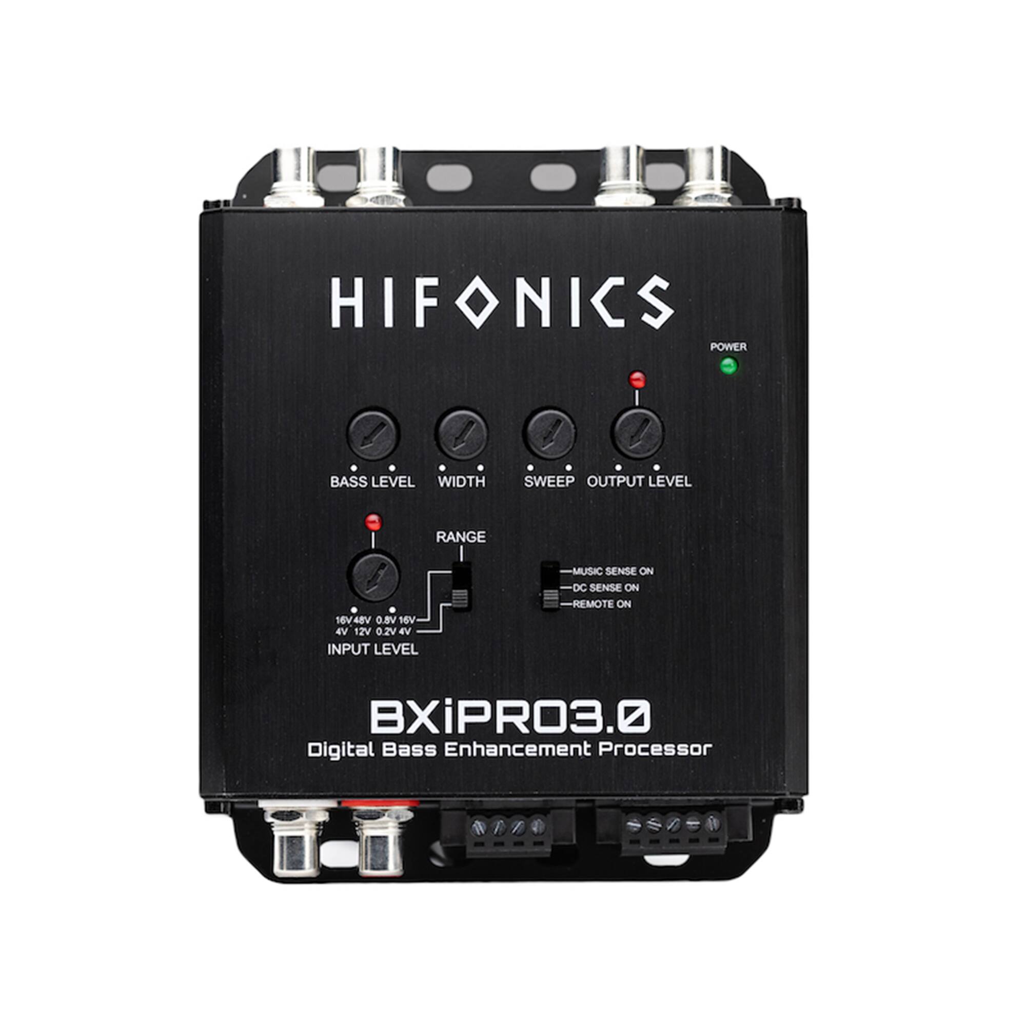 HIFONICS  
BXiPRO3.0 Digital Bass Enhancement Processor  

BASS LEVEL  
WIDTH  
SWEEP  
OUTPUT LEVEL  

RANGE  
16V/48V 0.8V 16V  
12V 0.2V 4V  

INPUT LEVEL  

MUSIC SENSE ON  
DC SENSE ON  
REMOTE ON  

POWER