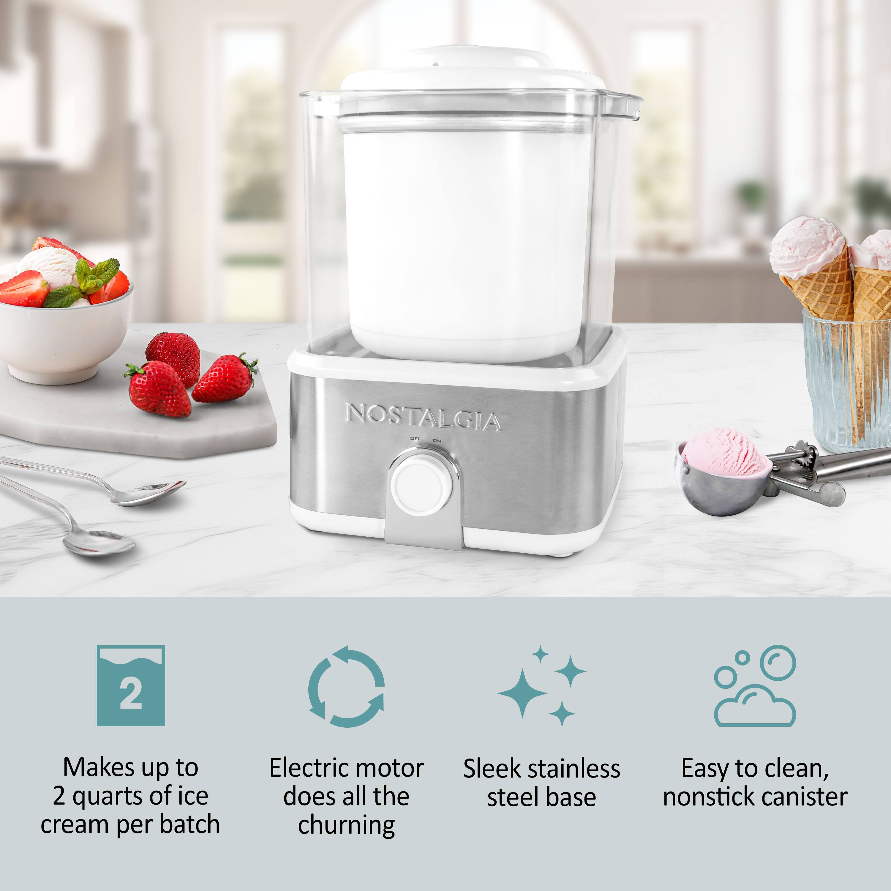 NOSTALGIA 2  
Makes up to 2 quarts of ice cream per batch  
Electric motor does all the churning  
Sleek stainless steel base  
Easy to clean, nonstick canister