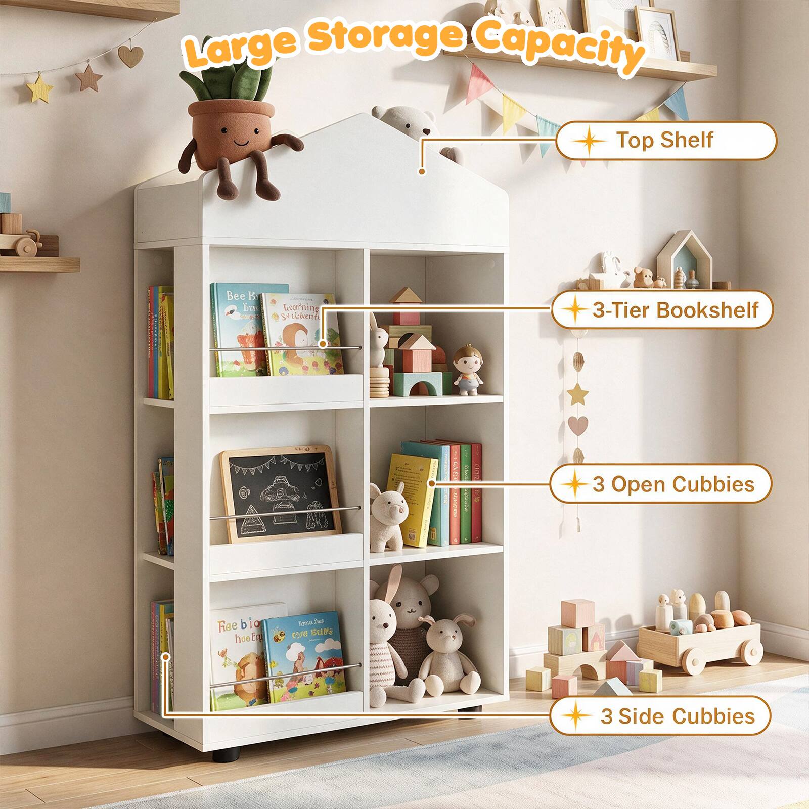 Large Storage Capacity  
Top Shelf  
3-Tier Bookshelf  
3 Open Cubbies  
3 Side Cubbies