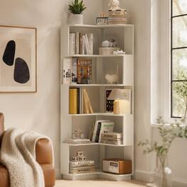 RYHNUYNE - 64.57 in L-Shaped Corner Bookshelf with Anti-Drop Panels and Anti-Tip Device Engineered Wood - White