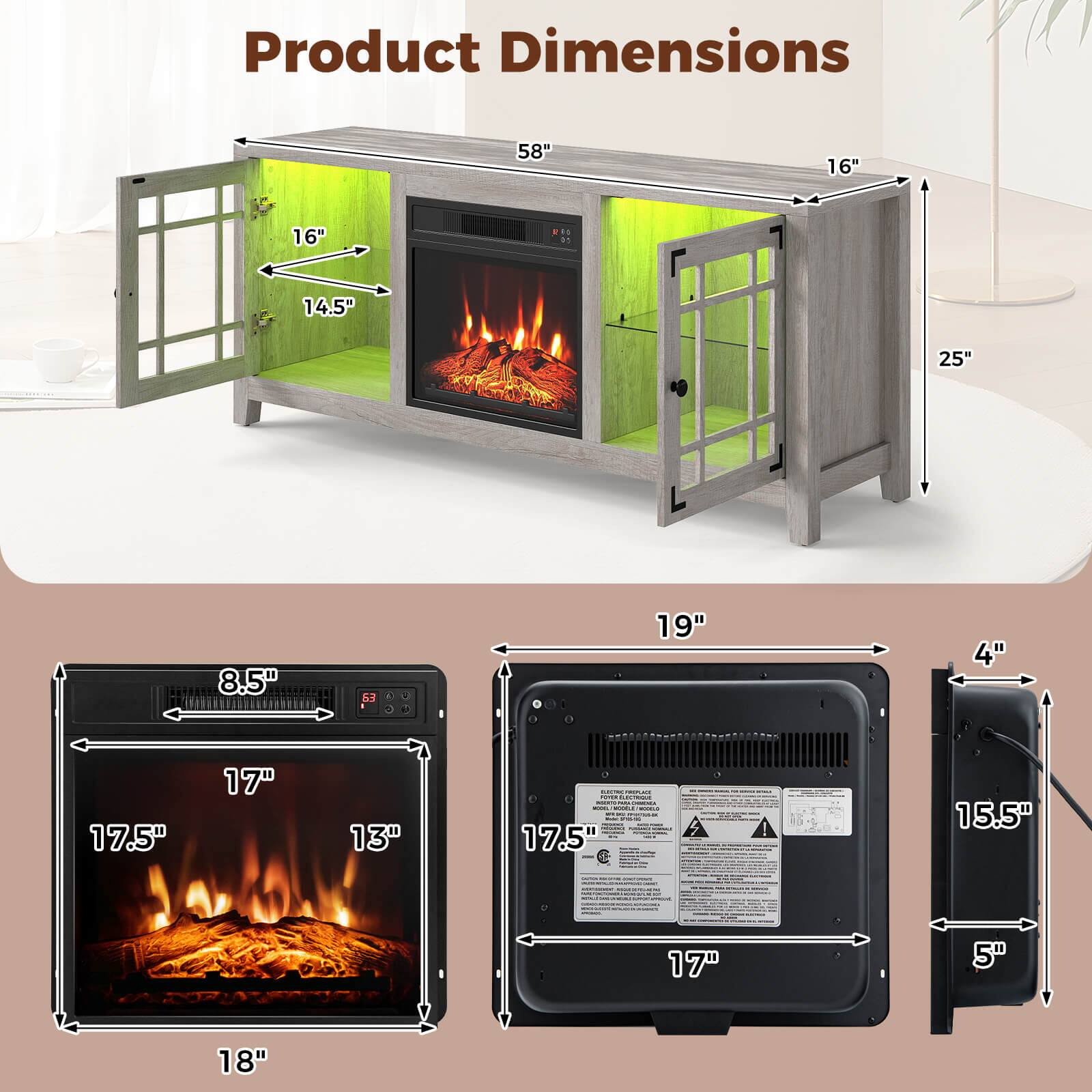 Product Dimensions:  
58" x 16" x 16" x 14.5"  
25" L x 8.5" x 5" x 19" x 4"  
17.5" x 17" x 13"  
A: 17.5" x 15.5" x 17" x 5" x 18"