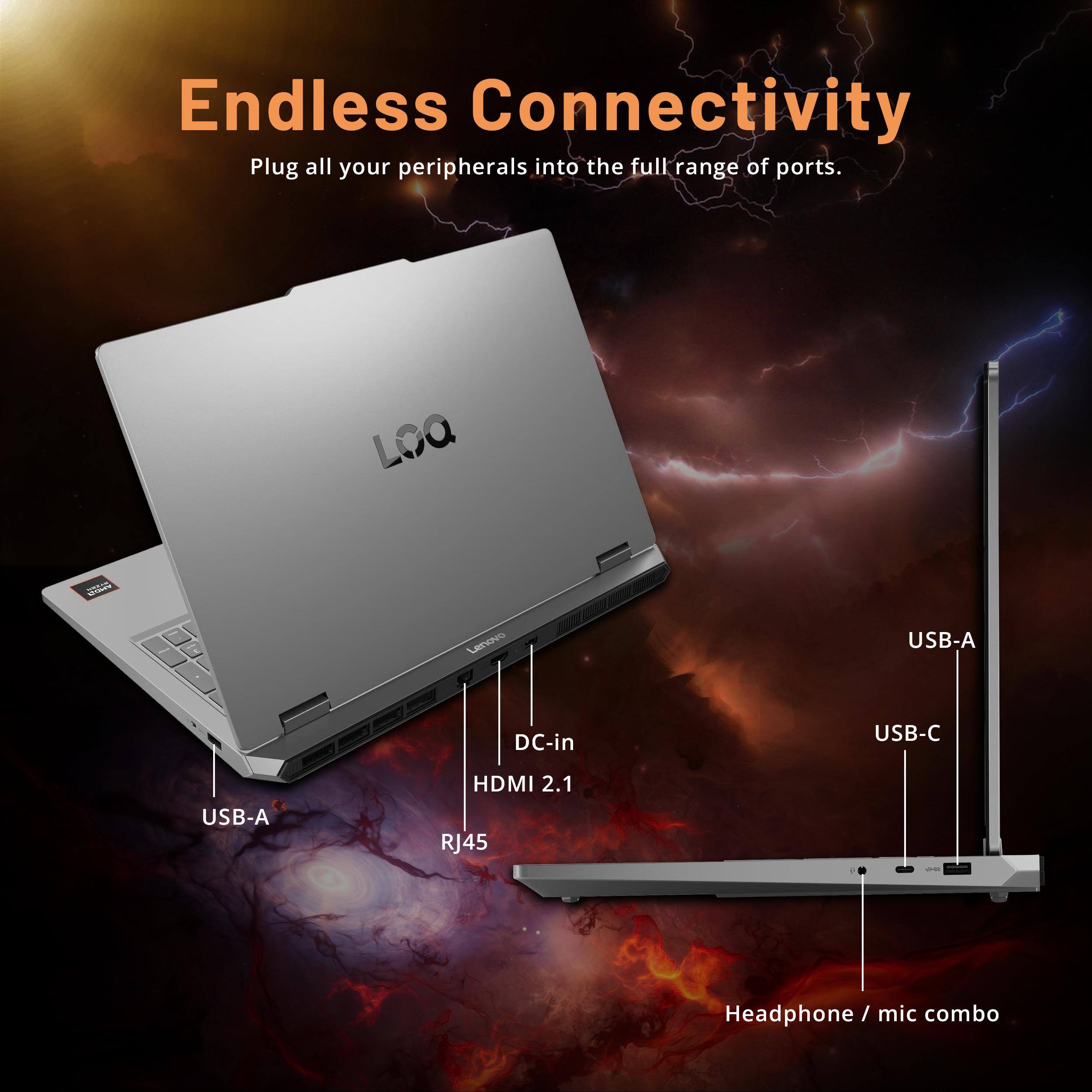 Endless Connectivity  
Plug all your peripherals into the full range of ports.

- USB-A
- DC-in
- USB-C
- HDMI 2.1
- RJ45
- Headphone / mic combo