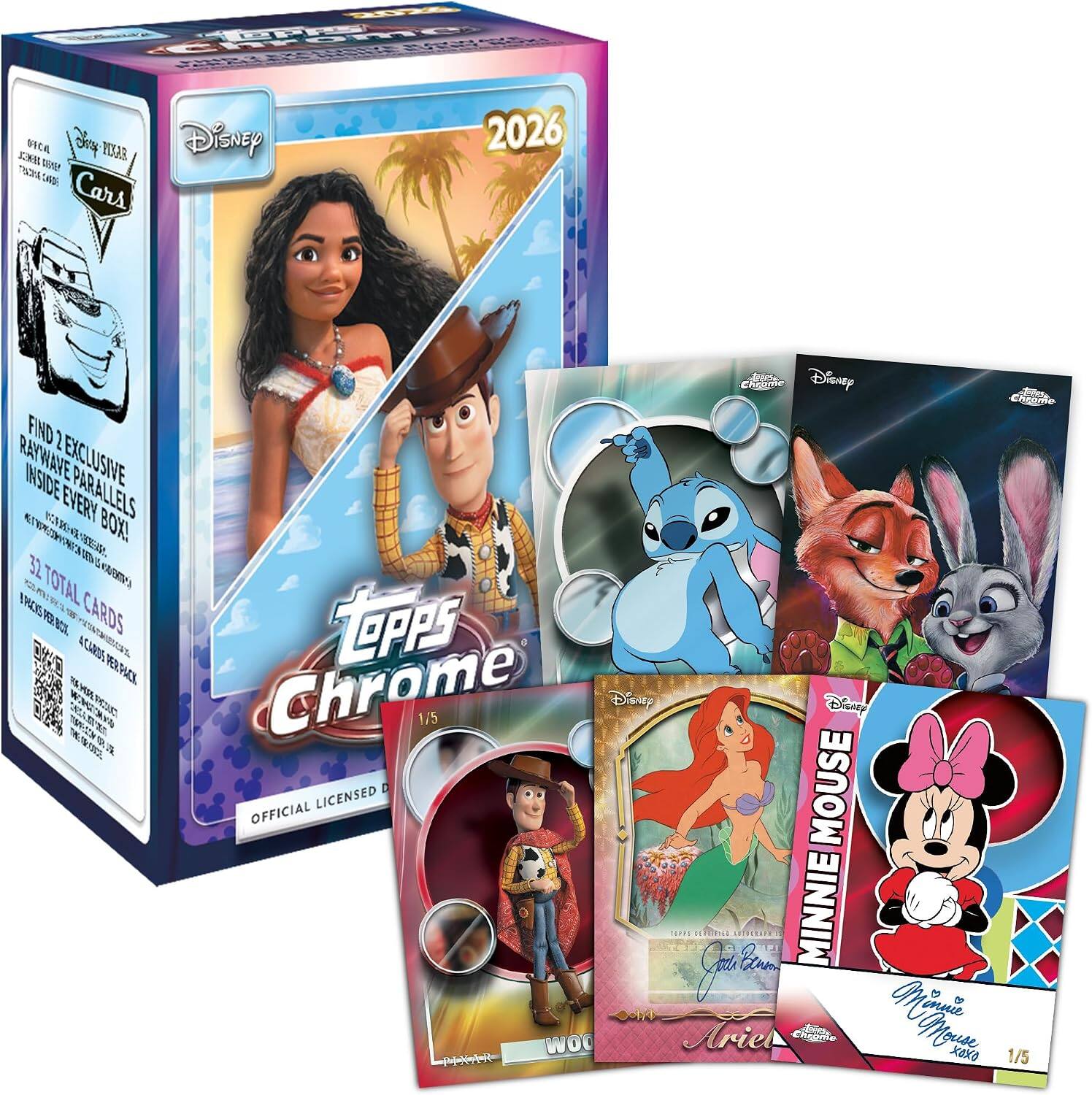 Disney Cars 2026  
Find 2 Exclusive Raywave Inside Exclusive T Every Parallels Onargwn Box!  
32 Total Cards  
1 Pack Per Box  
4 Cards Per Pack  
Disney Ciope En-chdle LPPS Chrome 1/5  
Disney Mouse Ea Minnie g 5 a Triel Minn enue WO Cnigle Mou 1/5
