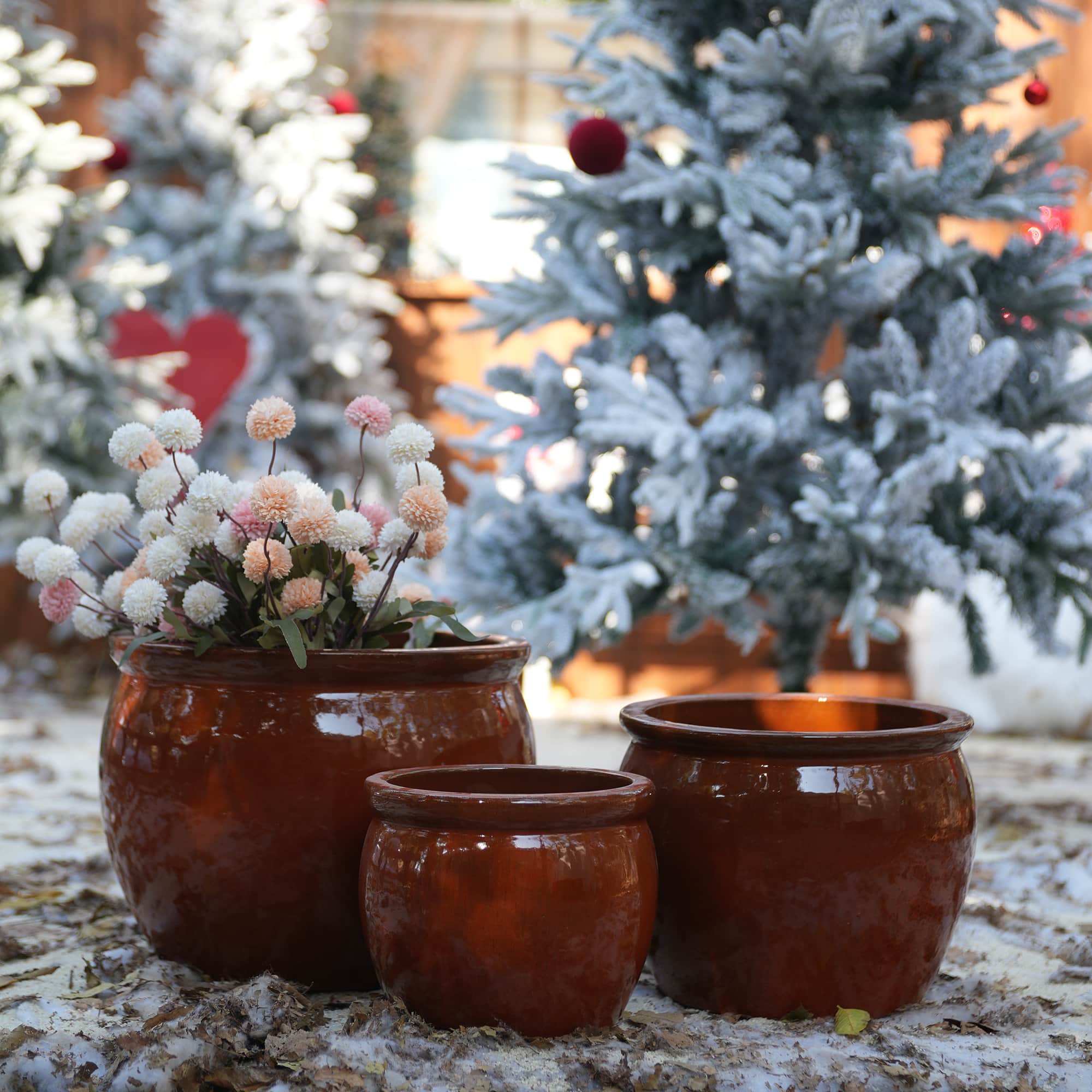 Loheer - Ceramic Plant Pots Set of 3, Handmade Rust Red Clay Planters with Drainage Hole, Indoor Outdoor 15 12 9 Inch