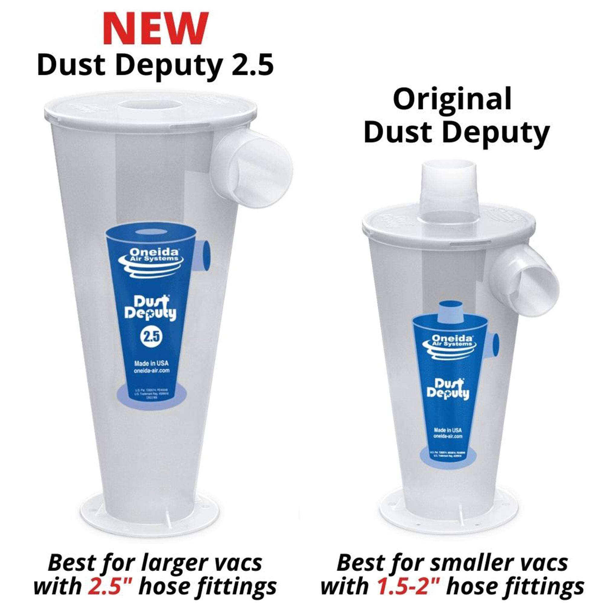 NEW Dust Deputy 2.5  
Original Dust Deputy  
Oneida Air Systems  
Dust Deputy 2.5  
Oneida Air Systems  
Made in USA  
oneida-air.com  

Dust Deputy Made in USA  

Best for larger vacs with 2.5" hose fittings  
Best for smaller vacs with 1.5-2" hose fittings