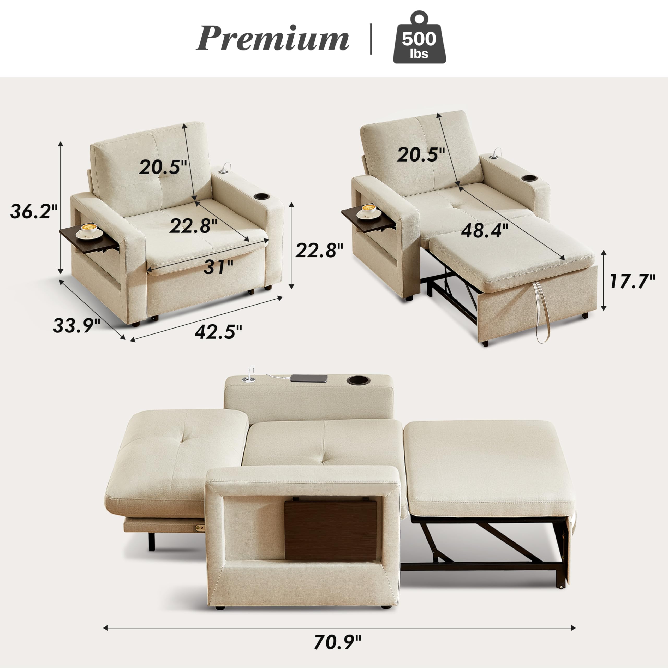 Premium  
500 lbs  

20.5"  
20.5"  
36.2"  
22.8"  
31"  
22.8"  
48.4"  
17.7"  
33.9"  
42.5"  
70.9"